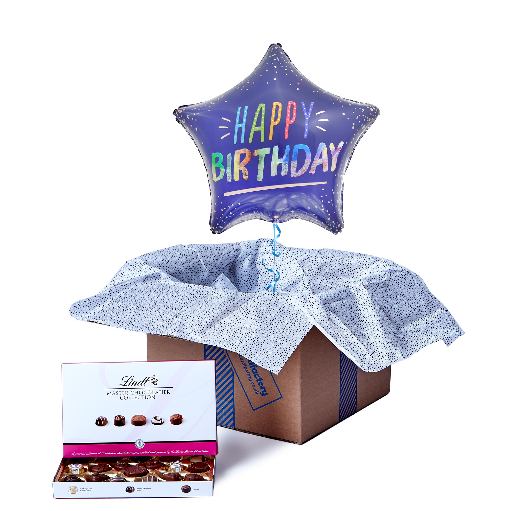 Blue Star Happy Birthday Balloon & Lindt Chocolates - FREE GIFT CARD!