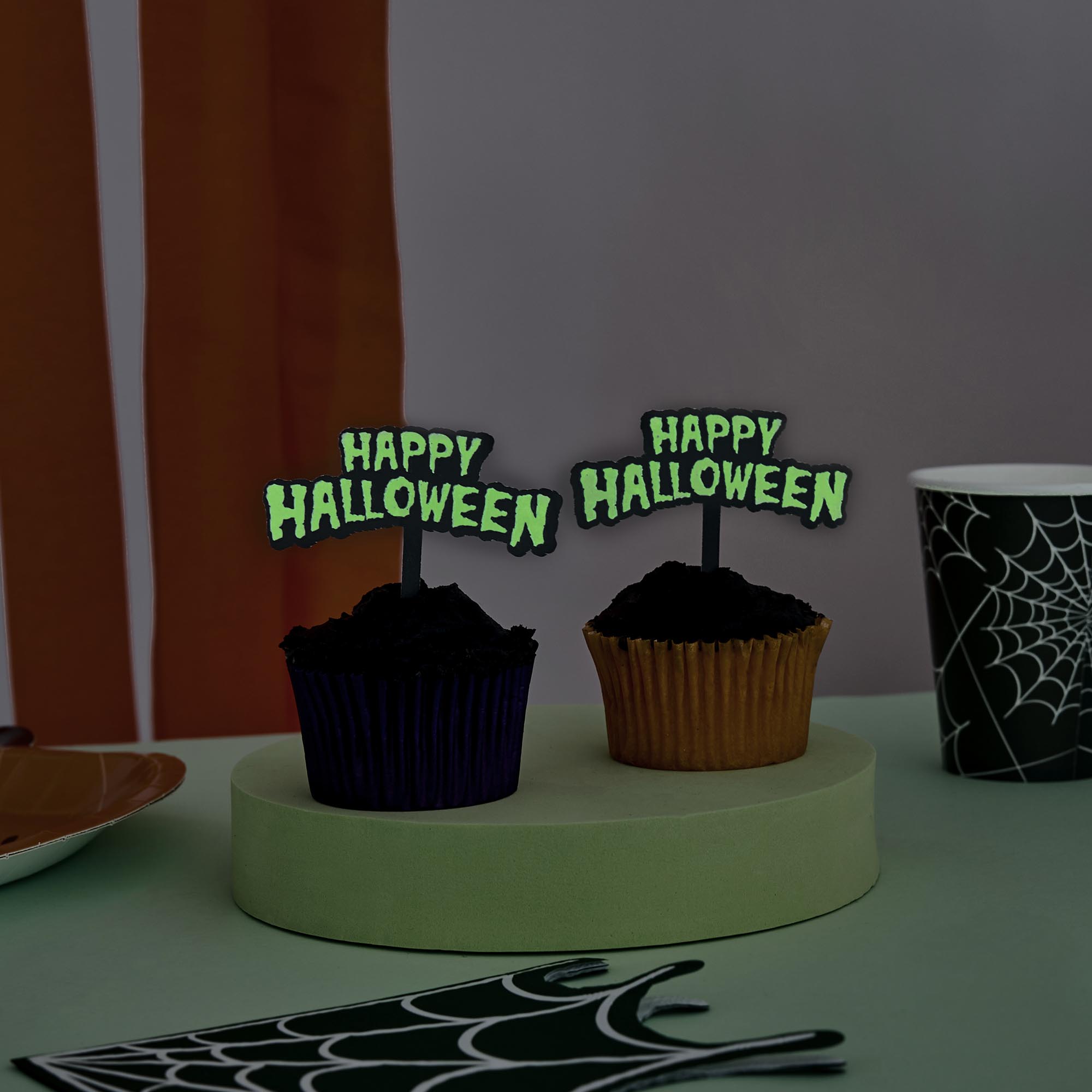 Glow In The Dark Happy Halloween Food Picks - Pack of 12