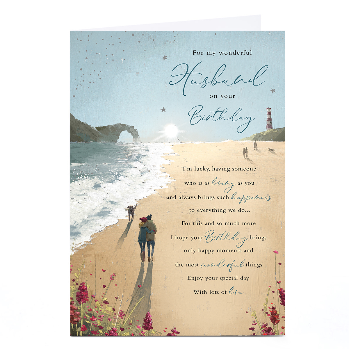 Personalised Birthday Card - Romantic Walk on The Beach, Husband