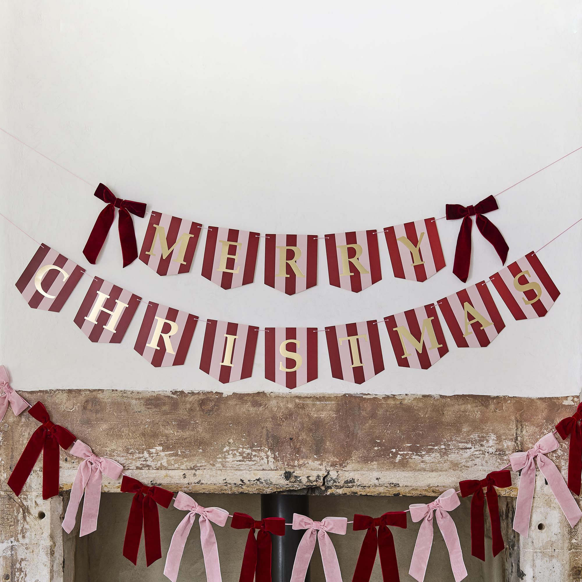 Stripey Merry Christmas Foiled Banner With Velvet Bows