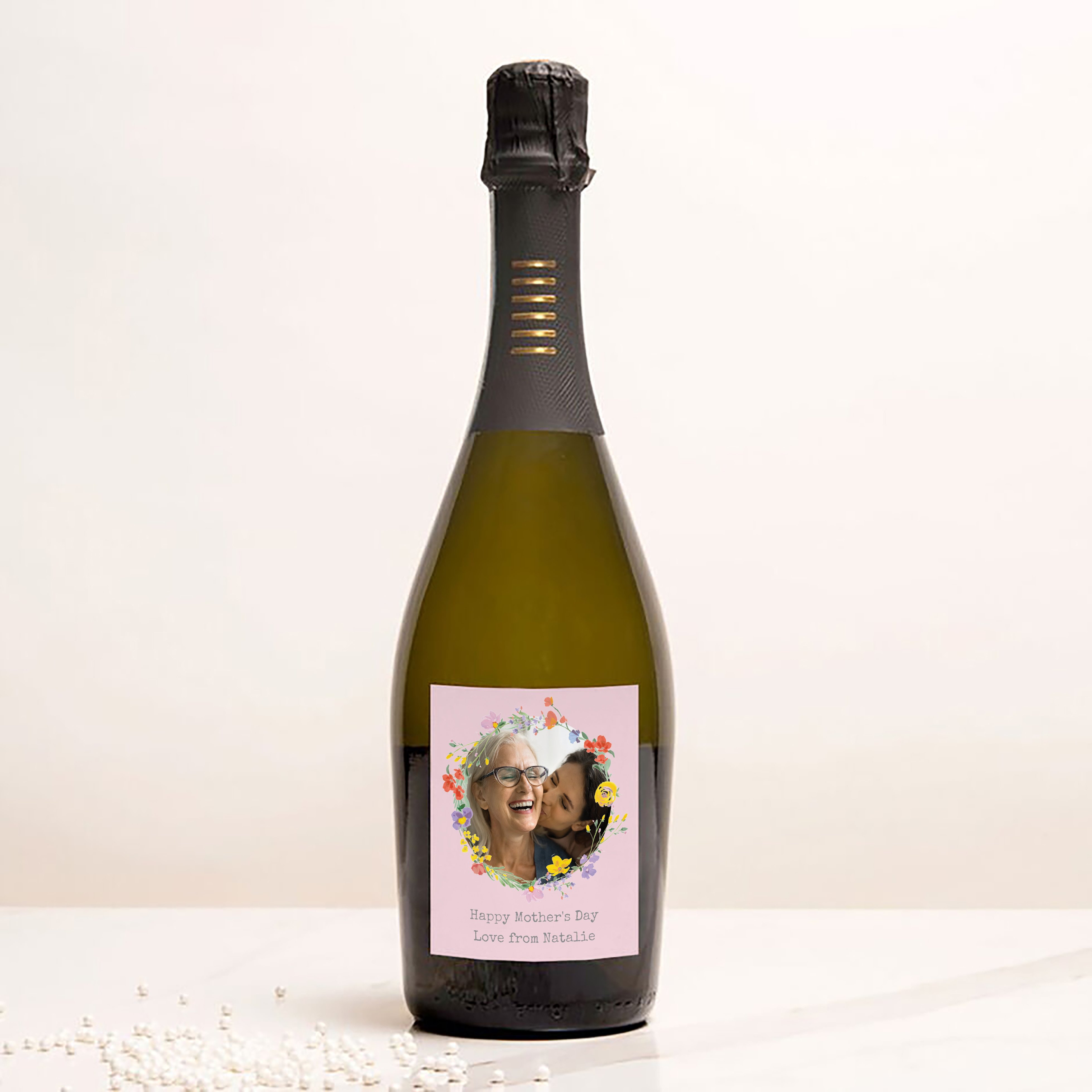 Personalised Prosecco - Photo Upload - Pink Circle of Flowers