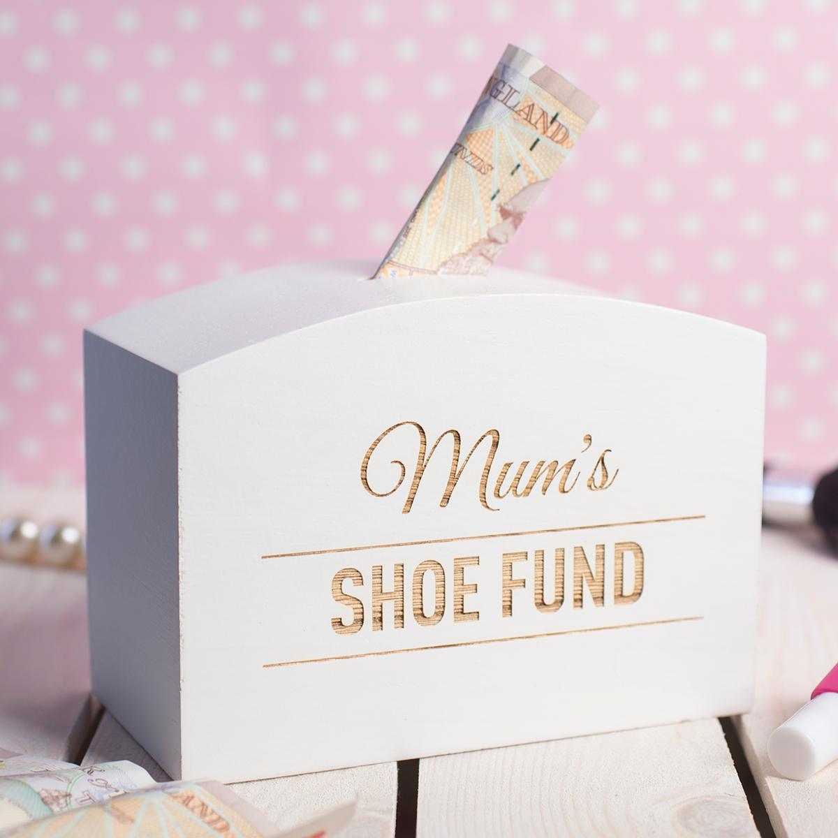 Personalised Engraved White Wooden Money Box