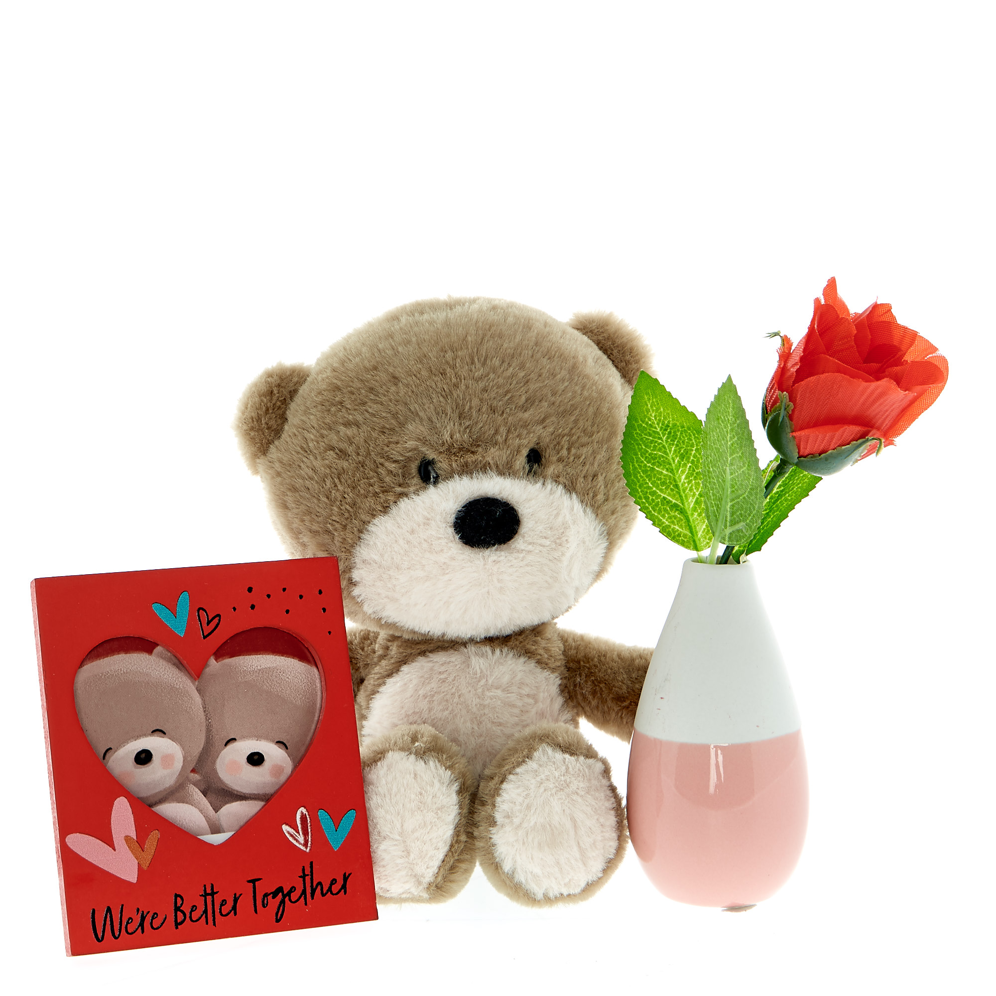 Hugs Bear Soft Toy, Vase & Rose Gift Set