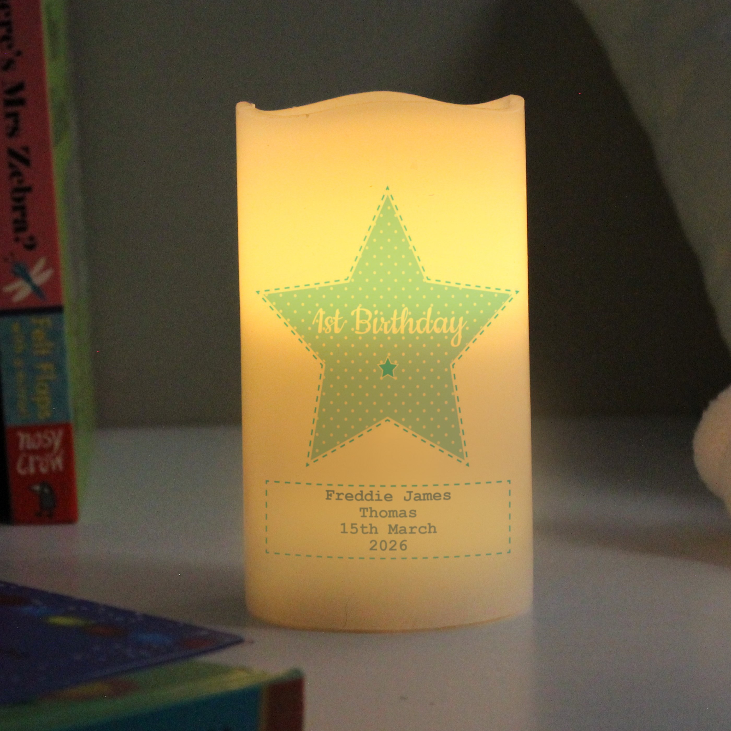 Personalised Stitch & Dot Baby Boy Nightlight LED Candle