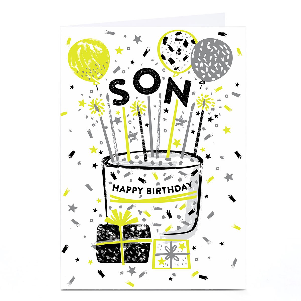 Personalised Birthday Card - Neon Accents Cake and Balloons, Son