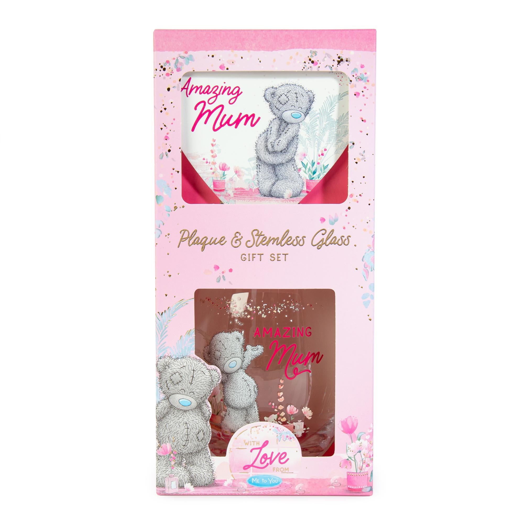 Tatty Teddy Amazing Mum Plaque & Stemless Glass Set 