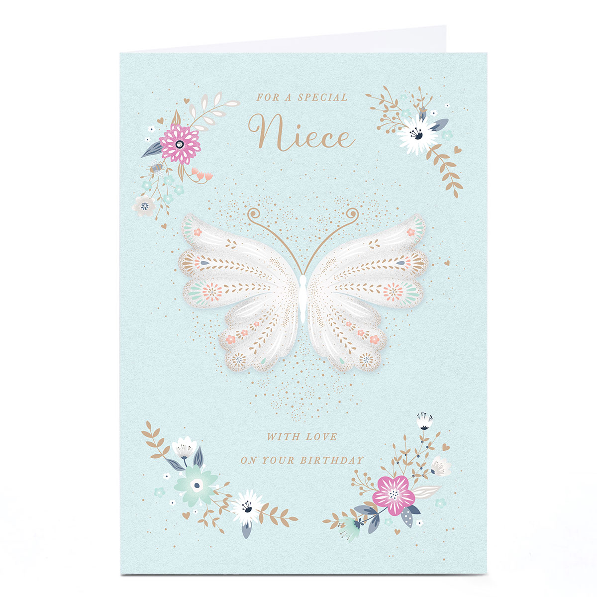 Personalised Birthday Card - Pastel Blue Florals and Butterfly, Niece