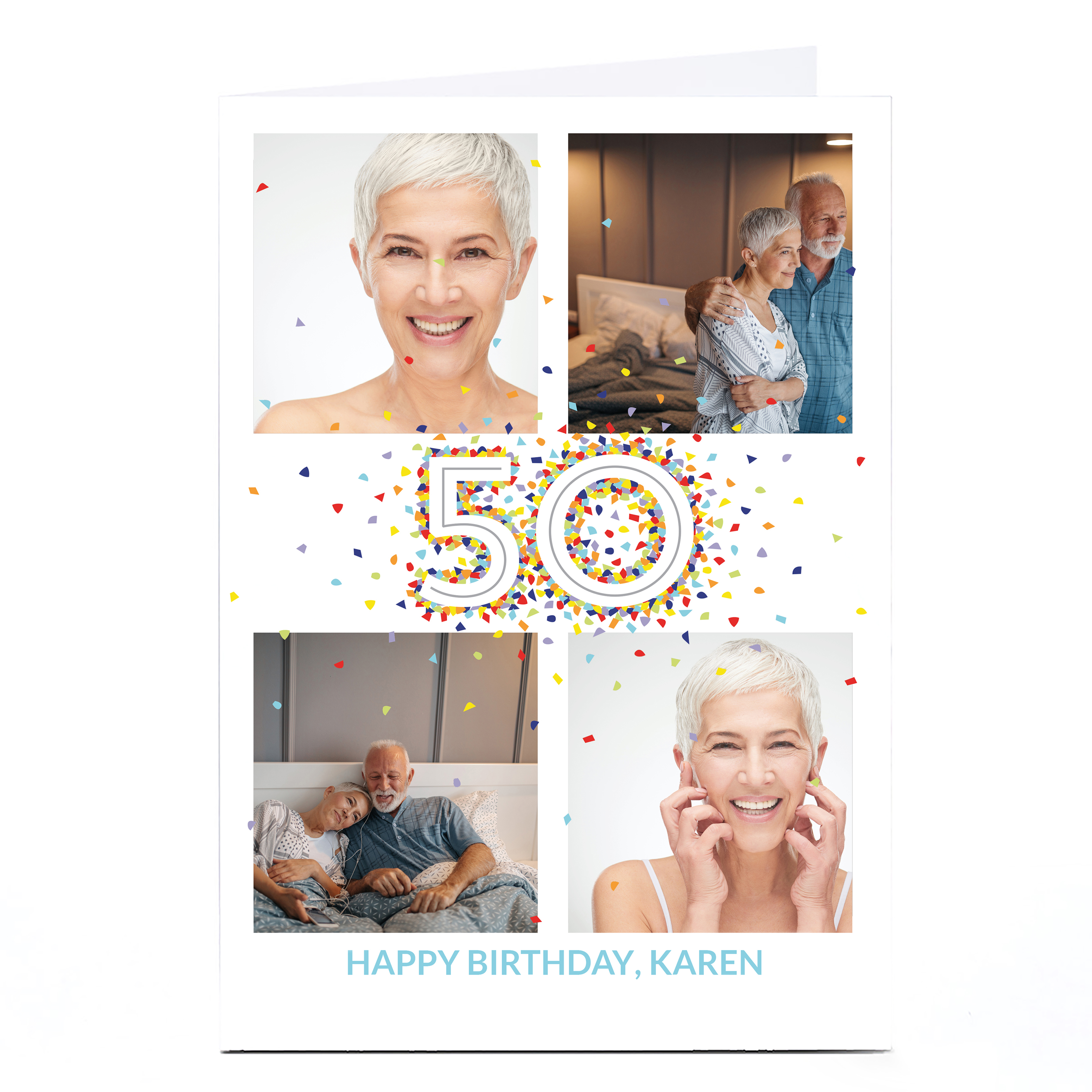 Photo 50th Birthday Card - 4 Photos, Confetti