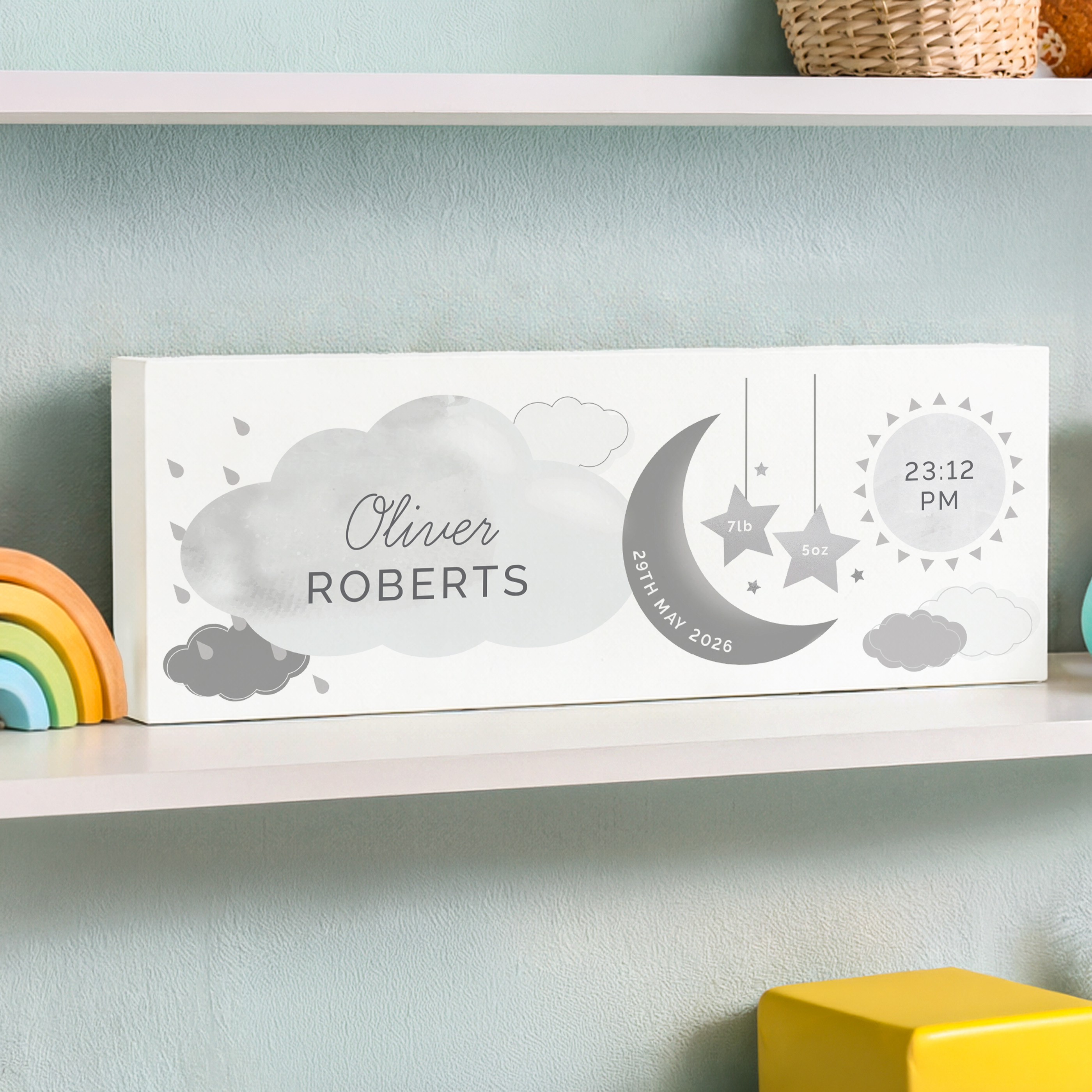 Personalised New Baby Moon & Stars Wooden Mantel Decoration