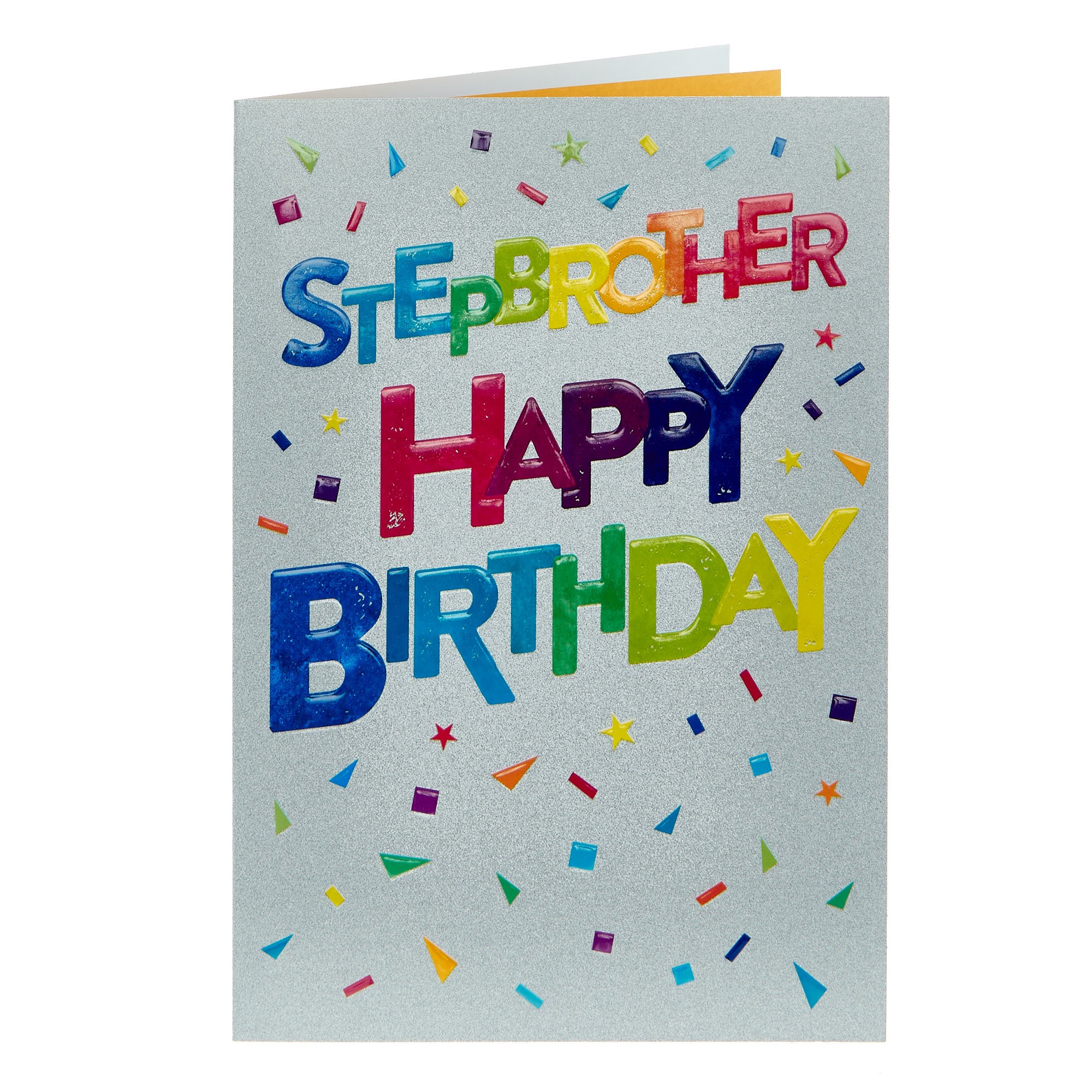 Stepbrother Colourful Text & Confetti Birthday Card