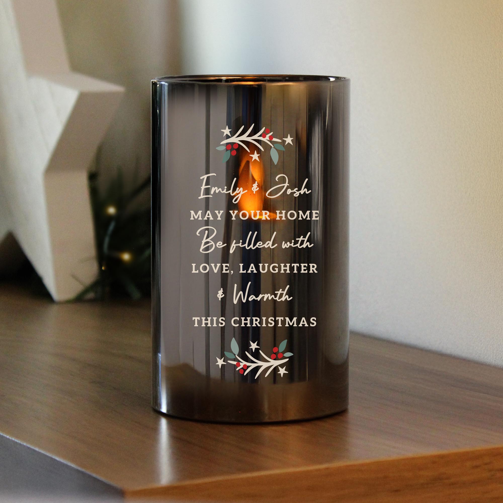 Personalised Christmas Smoked Glass LED Candle,  Personalised Christmas Smoked Glass LED Candle
