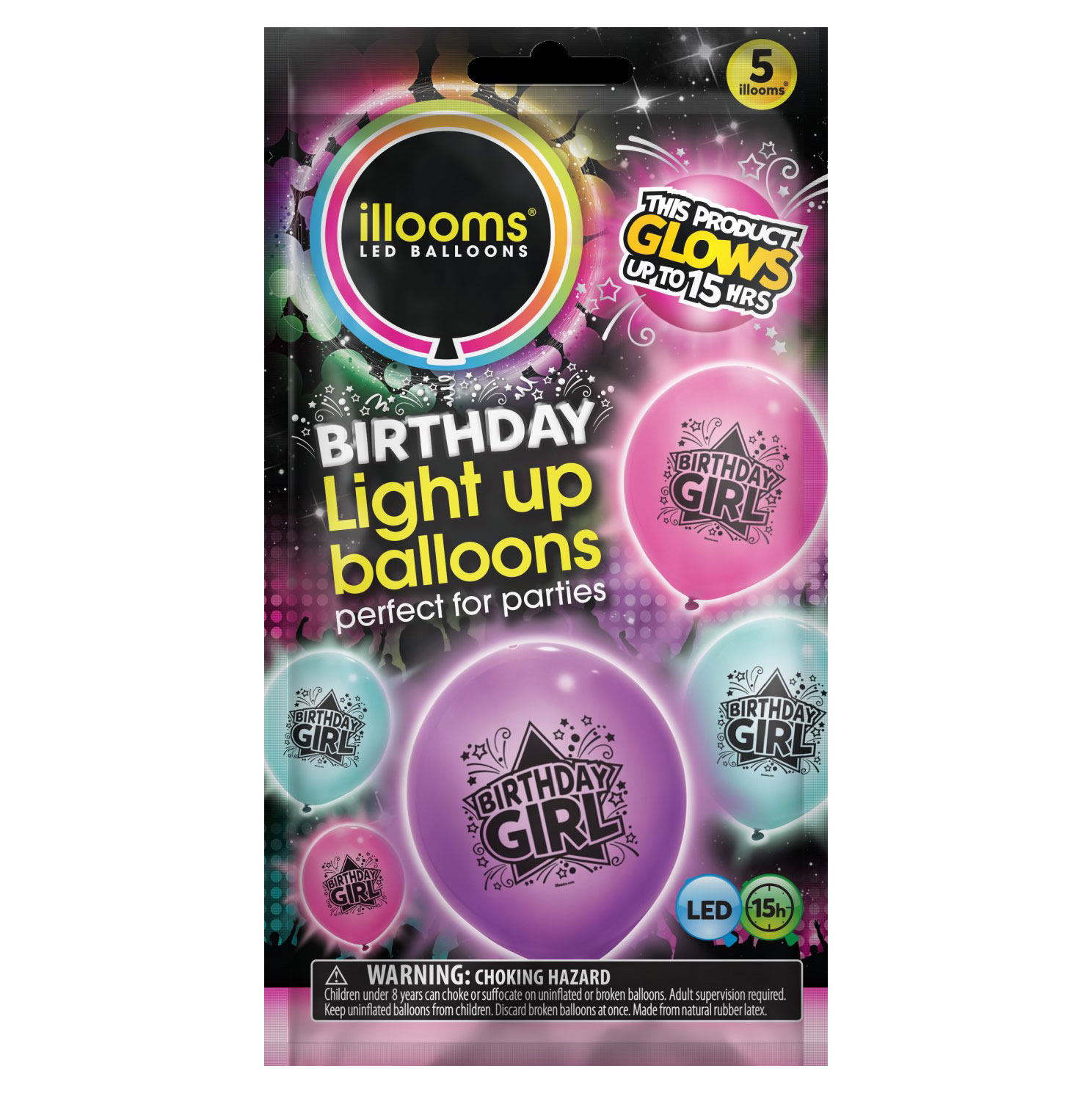 Latex Illooms Birthday Girl Light-Up Balloons - Pack of 5