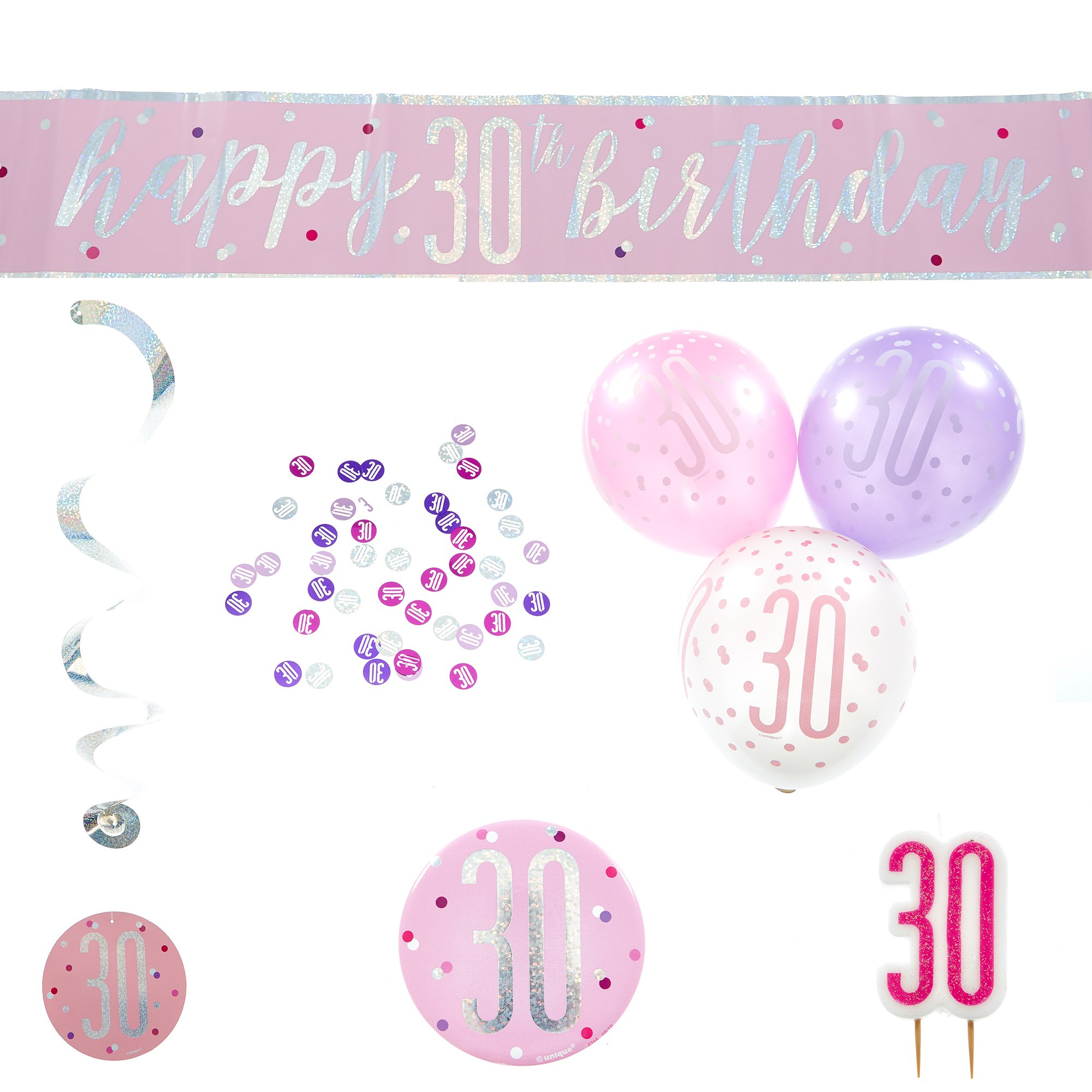 Pink 30th Birthday Party Accessories - 6 Pieces 