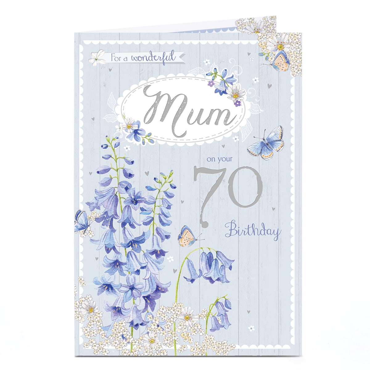 70th Birthday Card - Rustic Bluebells and Butterflies, Mum