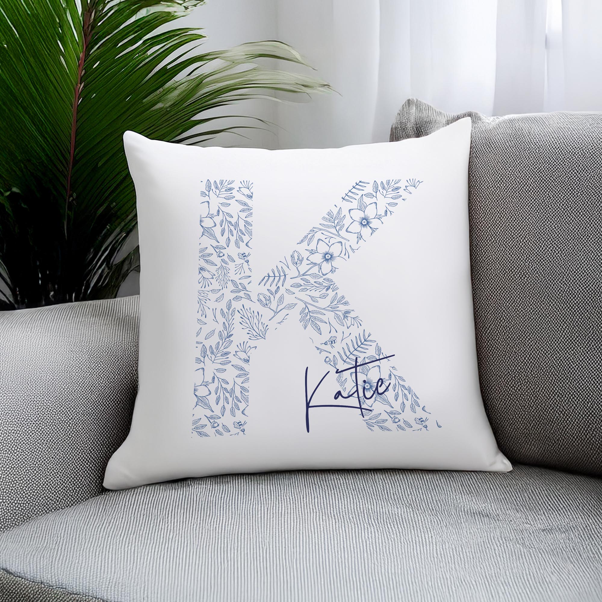 Personalised Floral Blue Initial Cushion