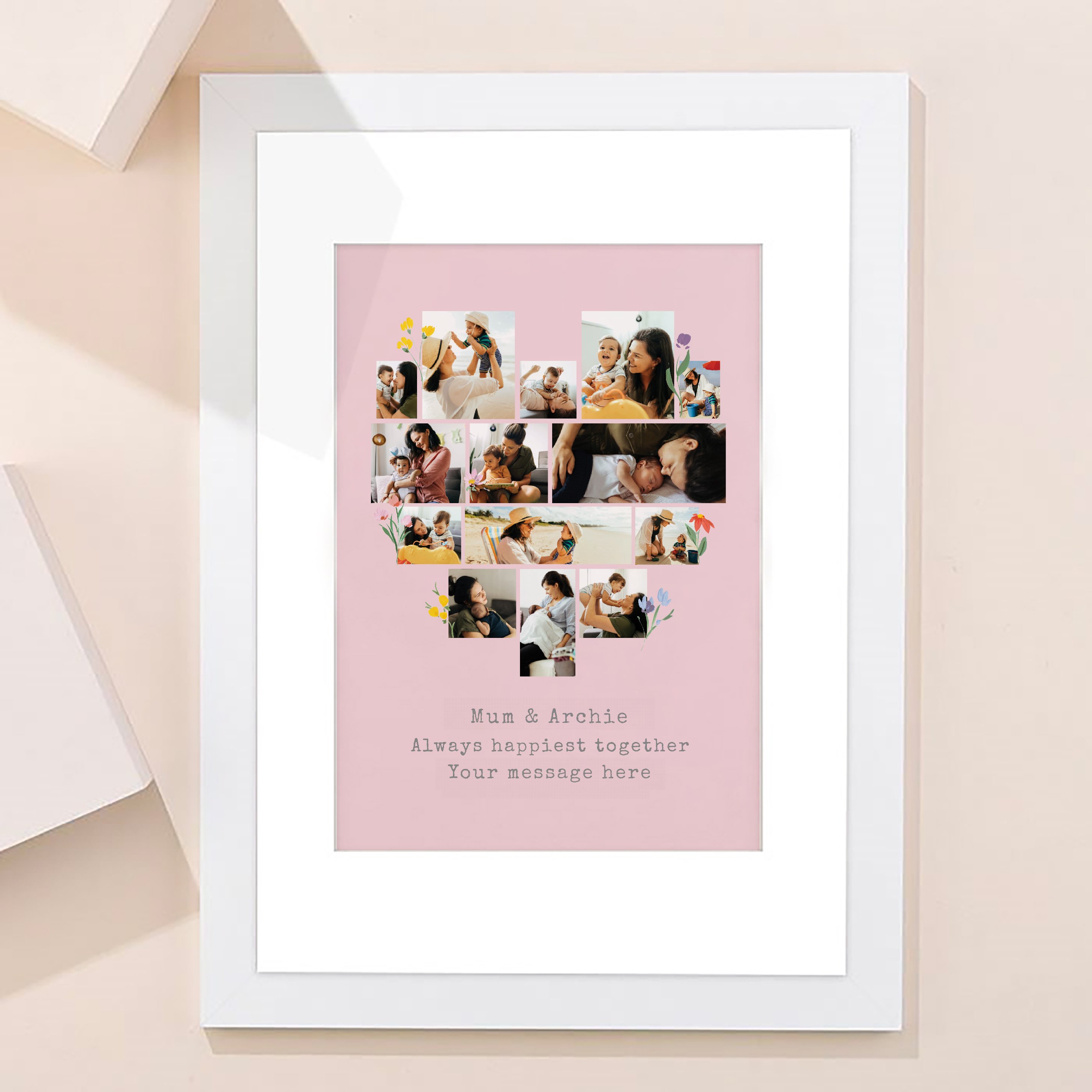 Multi Photo Framed Heart Print -  Pink with Flowers