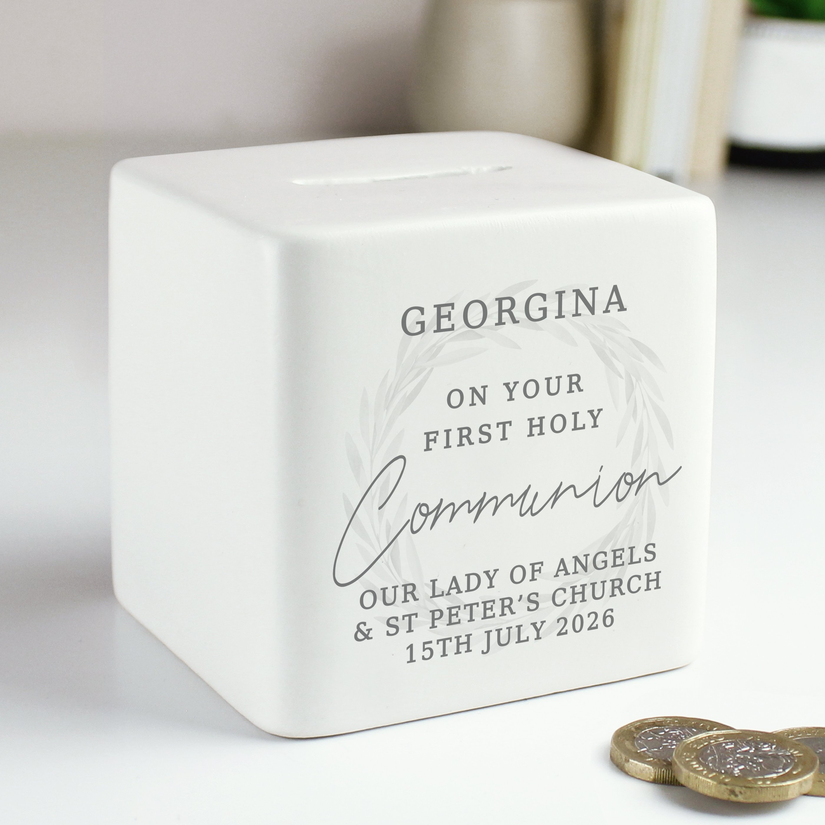 Personalised First Holy Communion Wreath Ceramic Square Money Box
