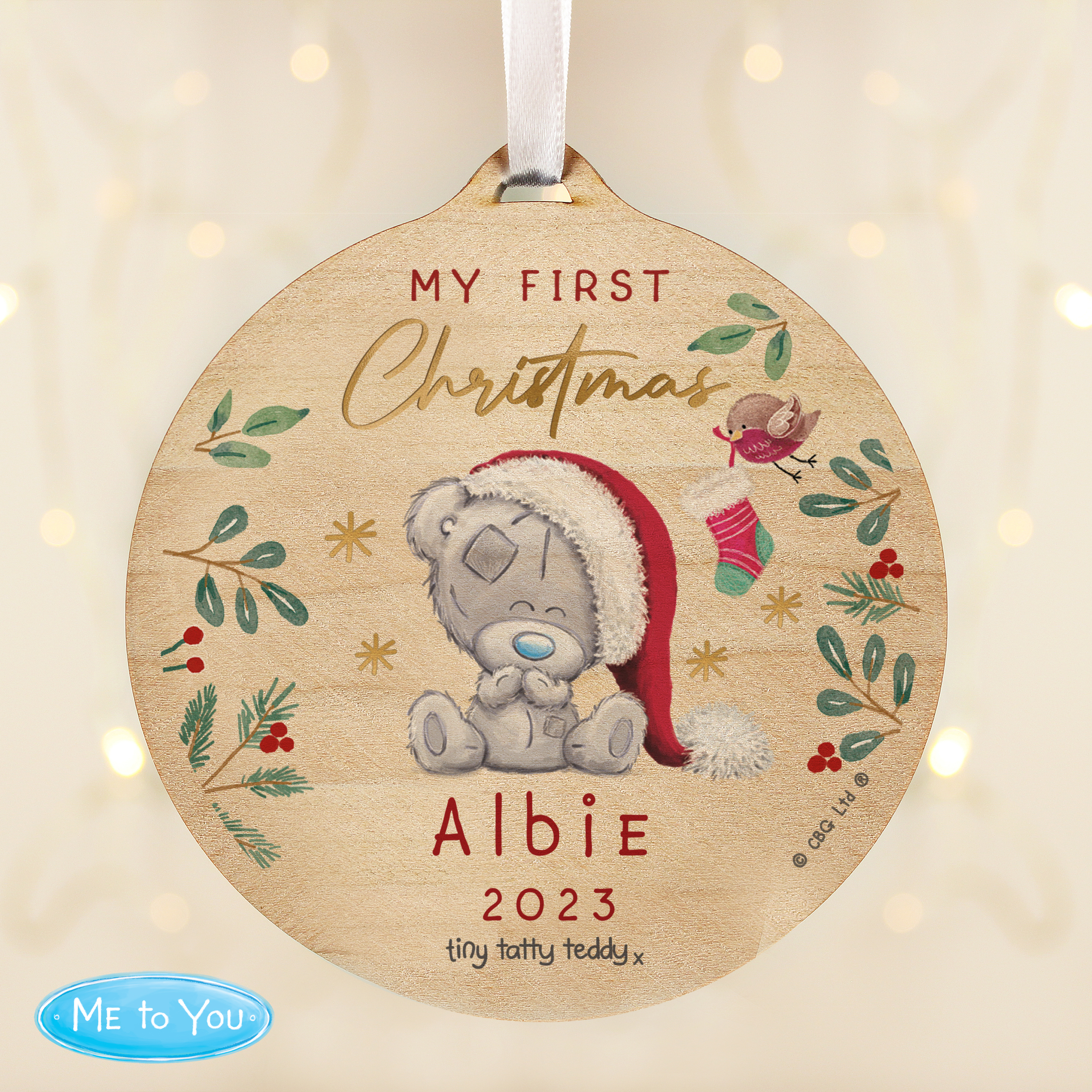 Personalised First Christmas Tiny Tatty Teddy Wooden Decoration