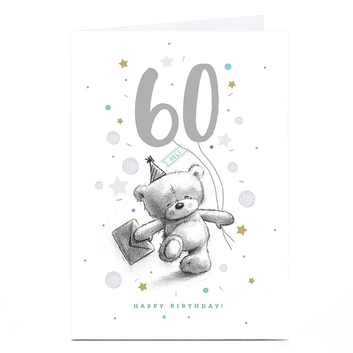 Personalised Hugs 60th Birthday Card - Skipping Bear with Balloons