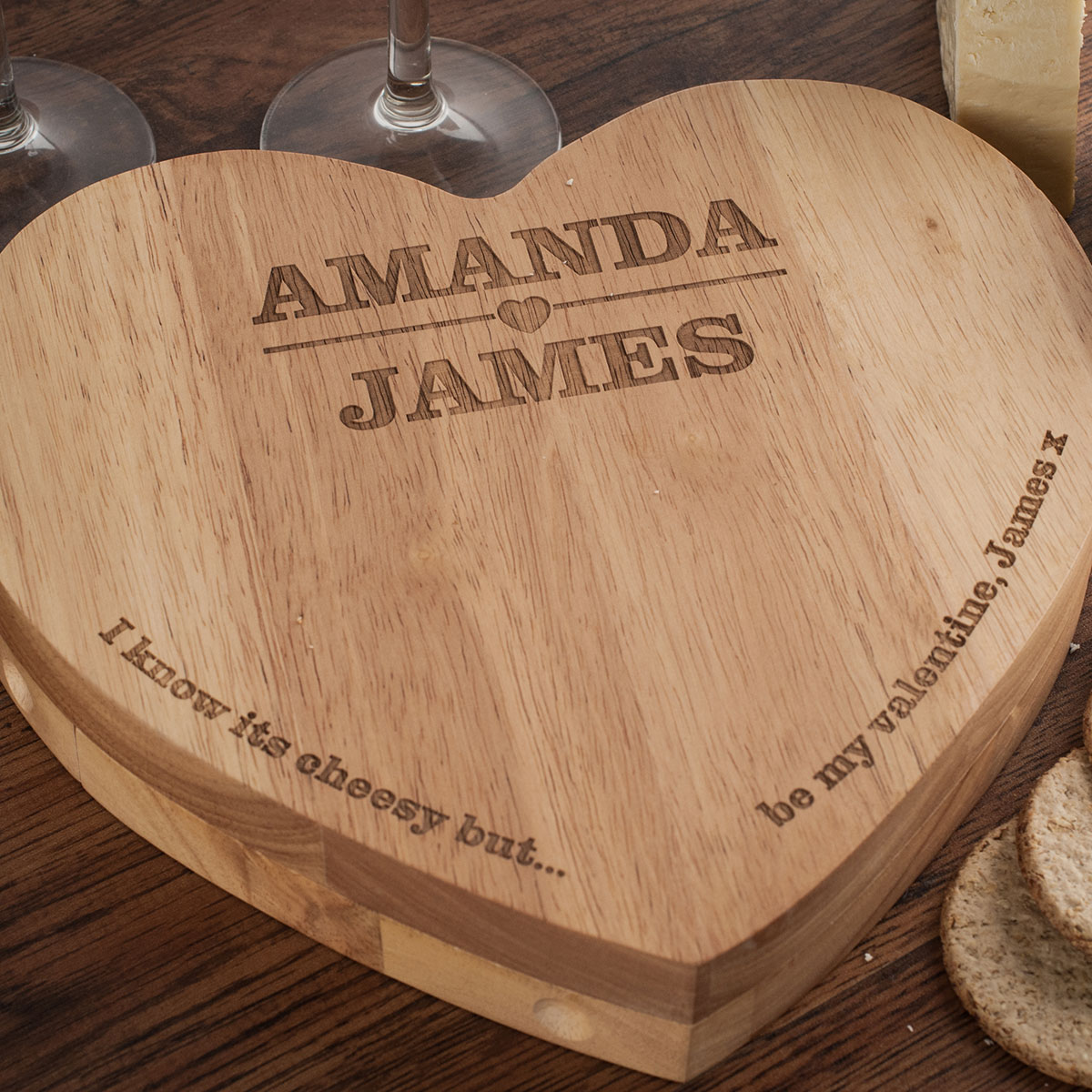 Personalised Engraved Heart Shaped Wooden Cheeseboard Set - Couples