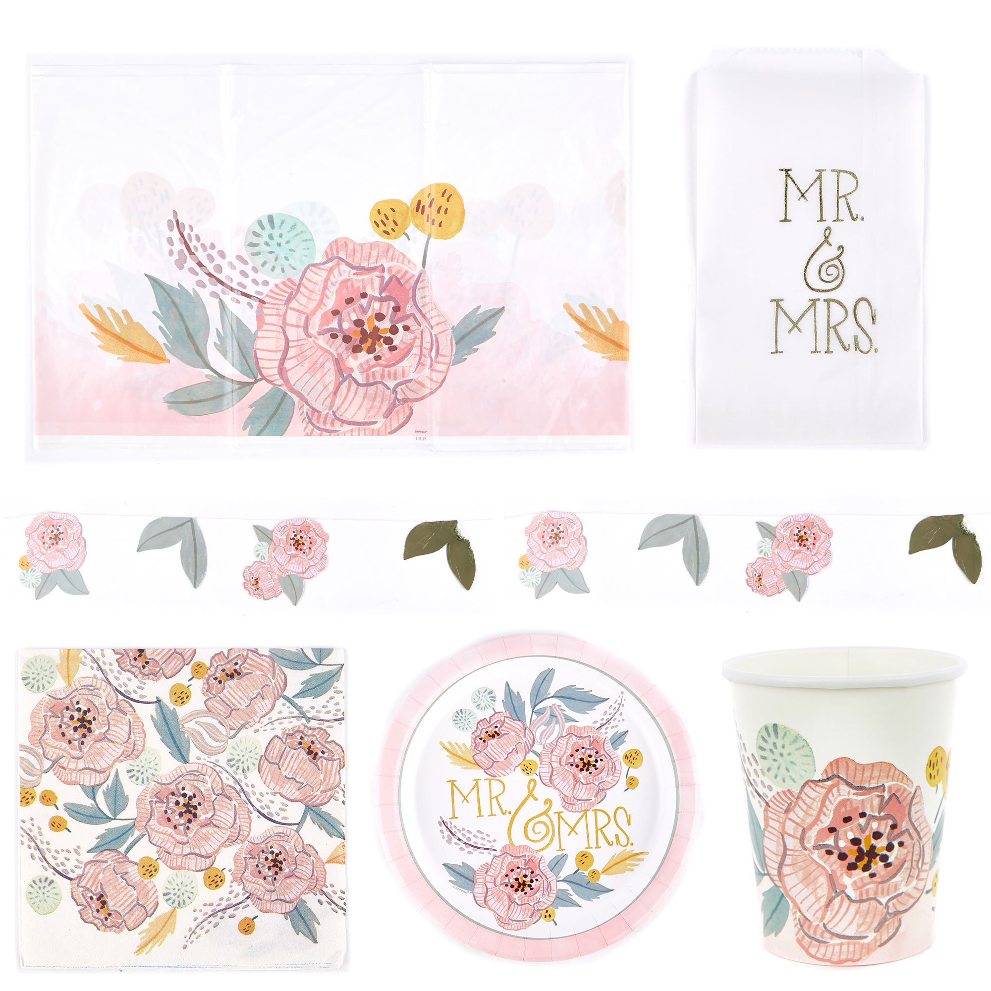 Floral Wedding Party Tableware & Decorations Bundle - 16 Guests