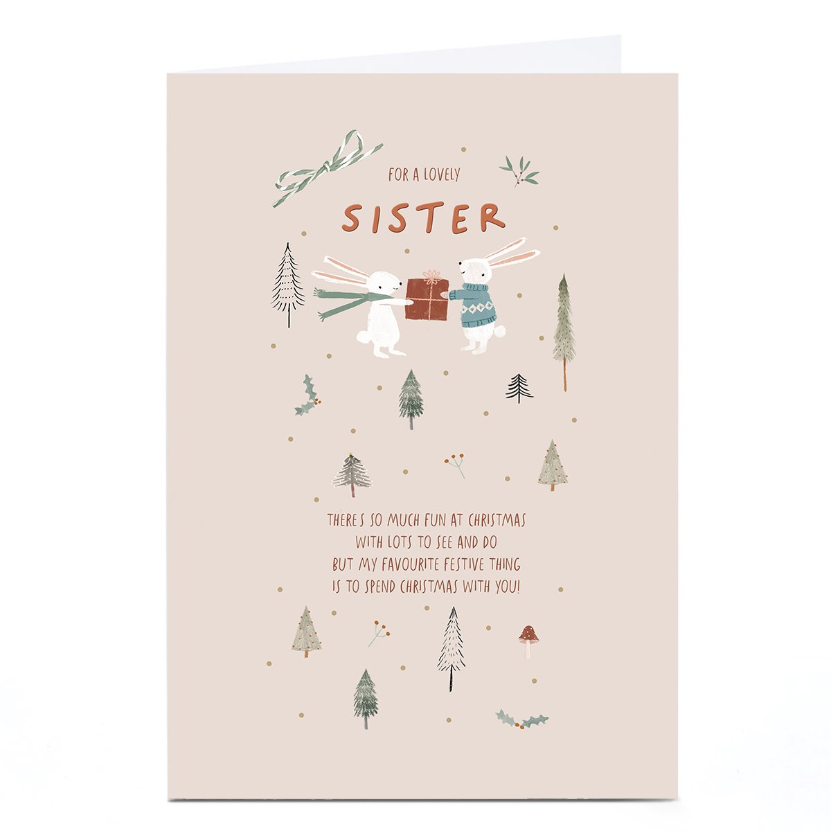 Personalised Christmas Card - White Rabbits with Present, Sister