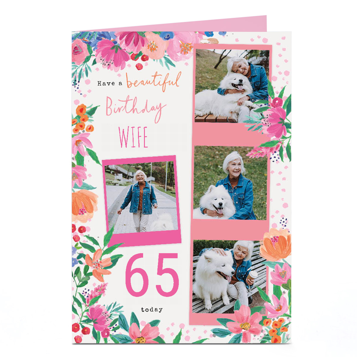 Photo 65th Birthday Card - Floral Wife, Editable Age