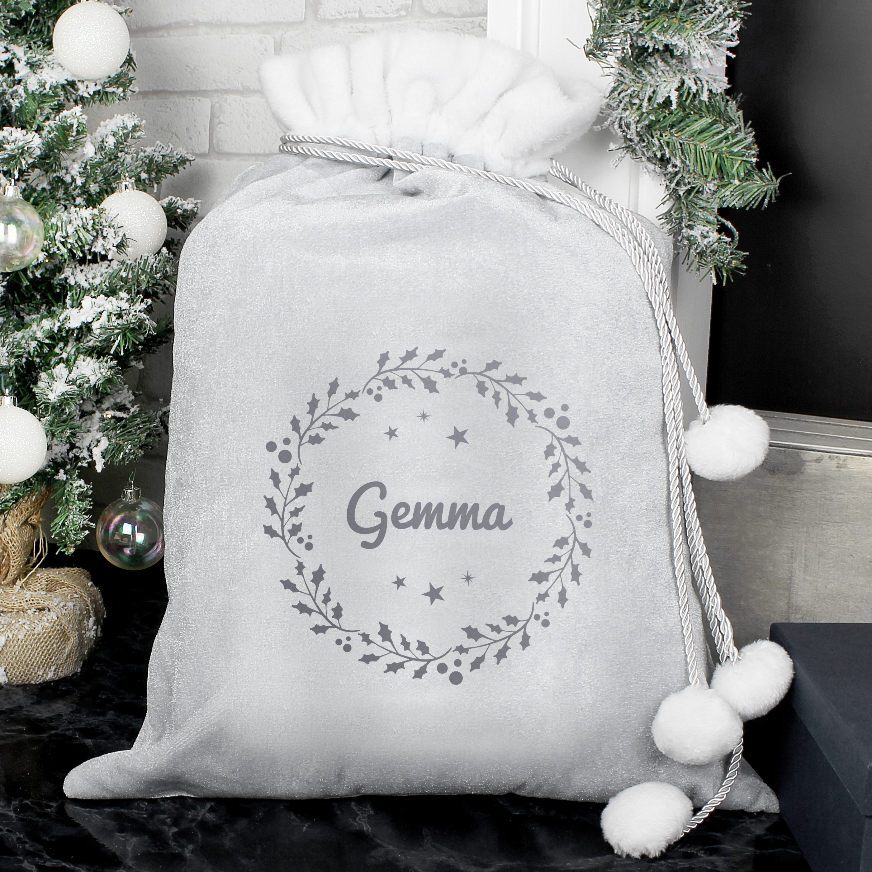 Personalised Holly Grey Christmas Sack