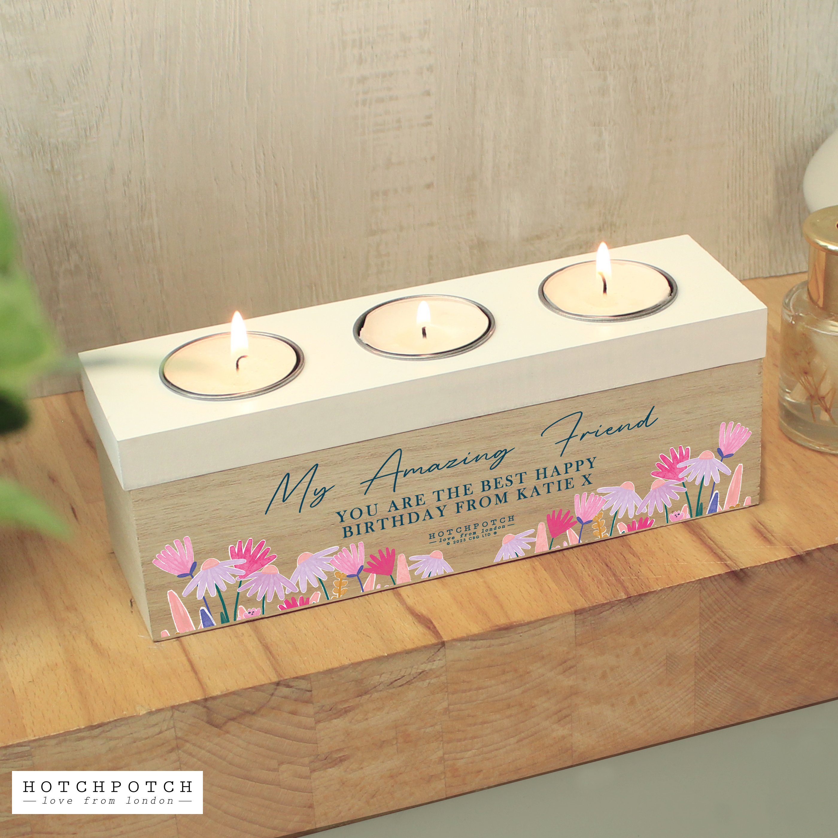 Personalised Wild Flower Triple Tealight Holder & Storage Box