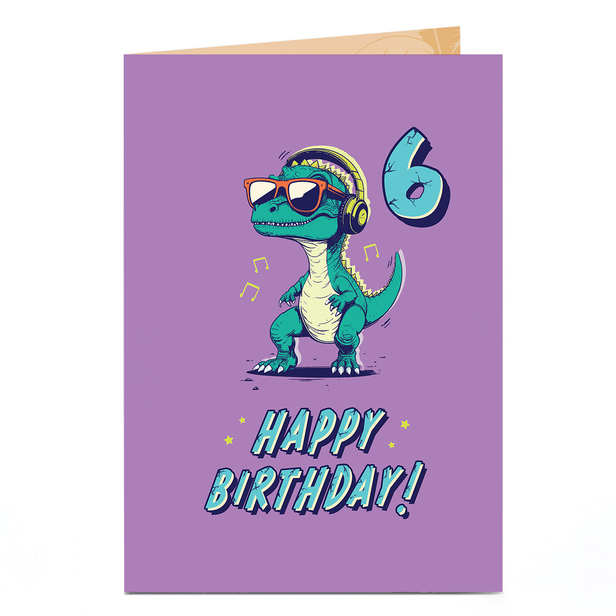 6th Birthday Card - Roarsome Dinosaur in Headphones