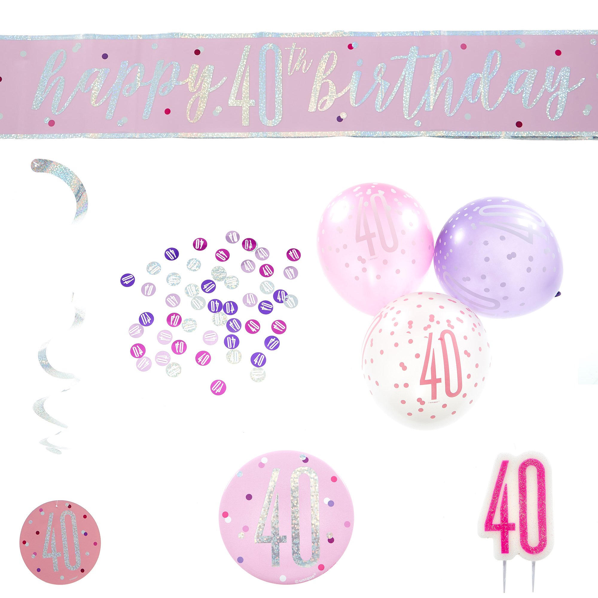 Pink 40th Birthday Party Accessories - 6 Pieces 