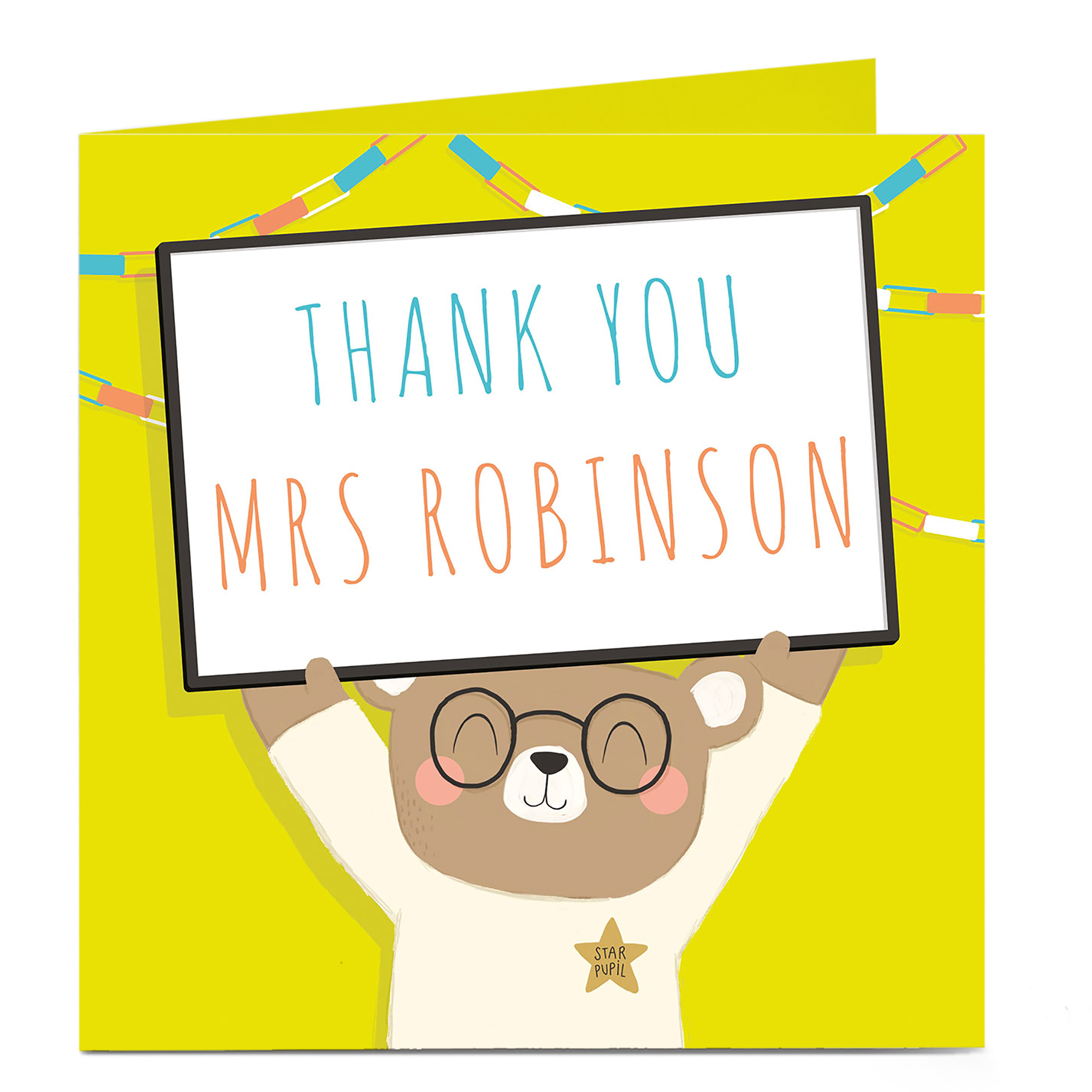 Personalised Thanks Teacher Card - Bear With Sign