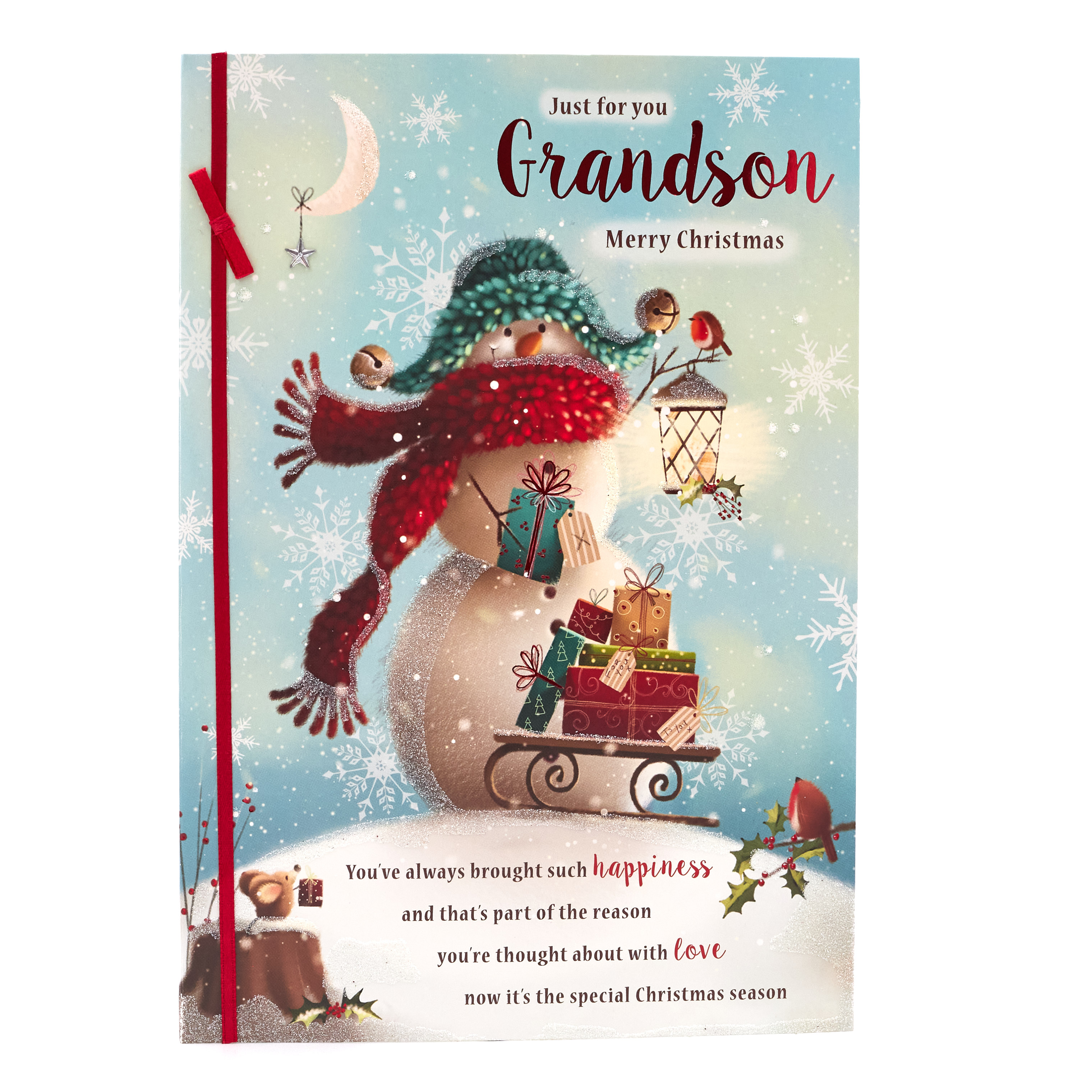 Christmas Card - Grandson, Cute Snowman With Presents