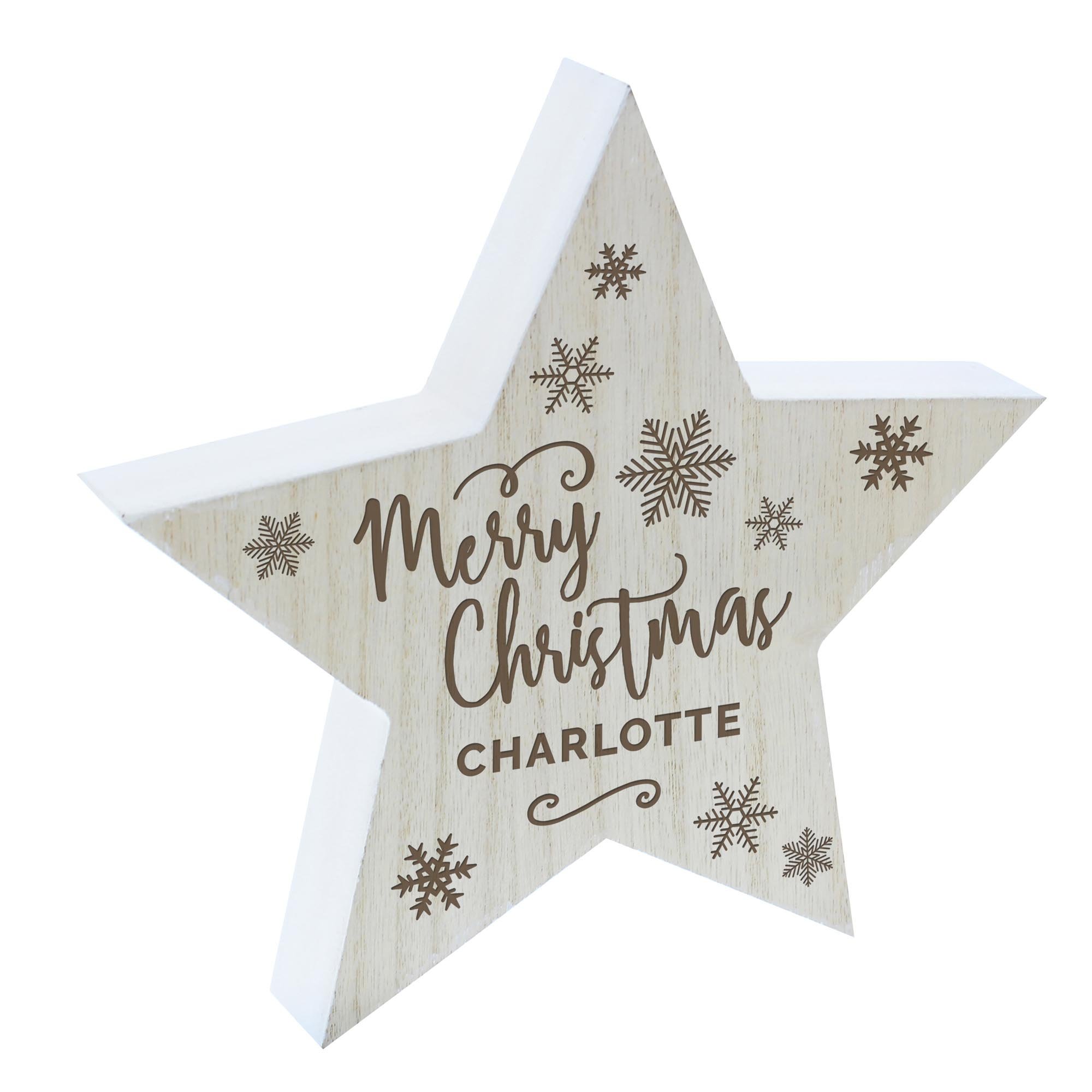 Image of Personalised Merry Christmas Rustic Wooden Star Decoration | Christmas Gifts