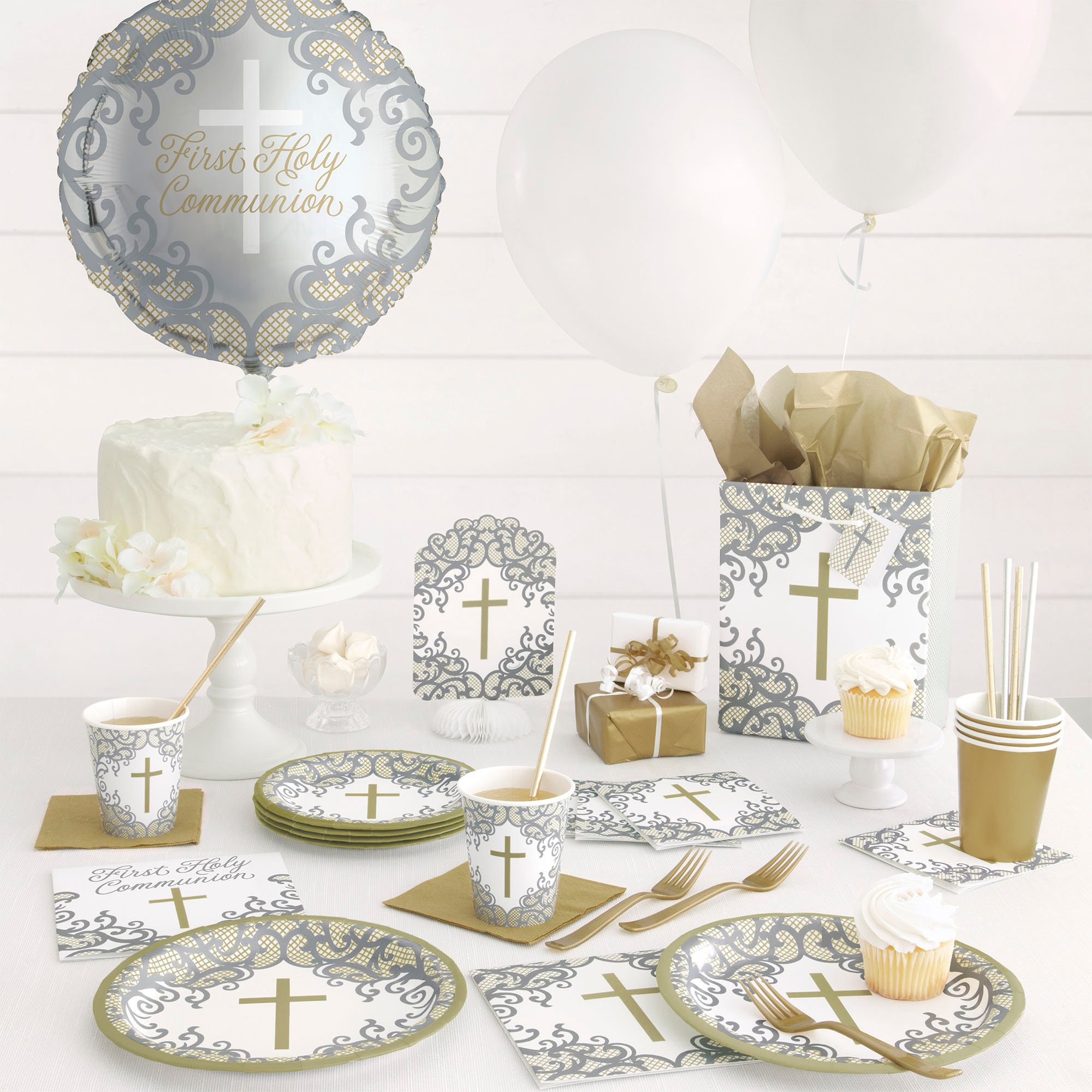 Gold & Silver Confirmation Tableware & Decorations - 16 Guests