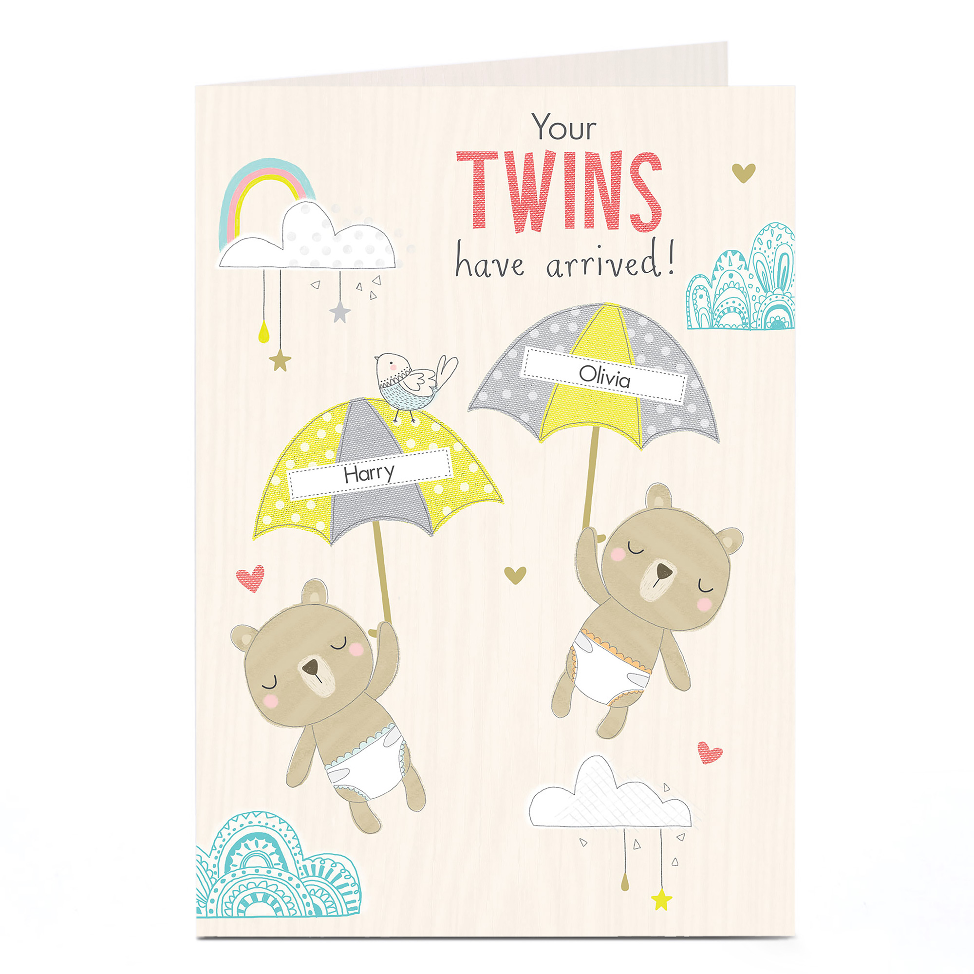 Personalised New Baby Card - Teddy Bear Twins
