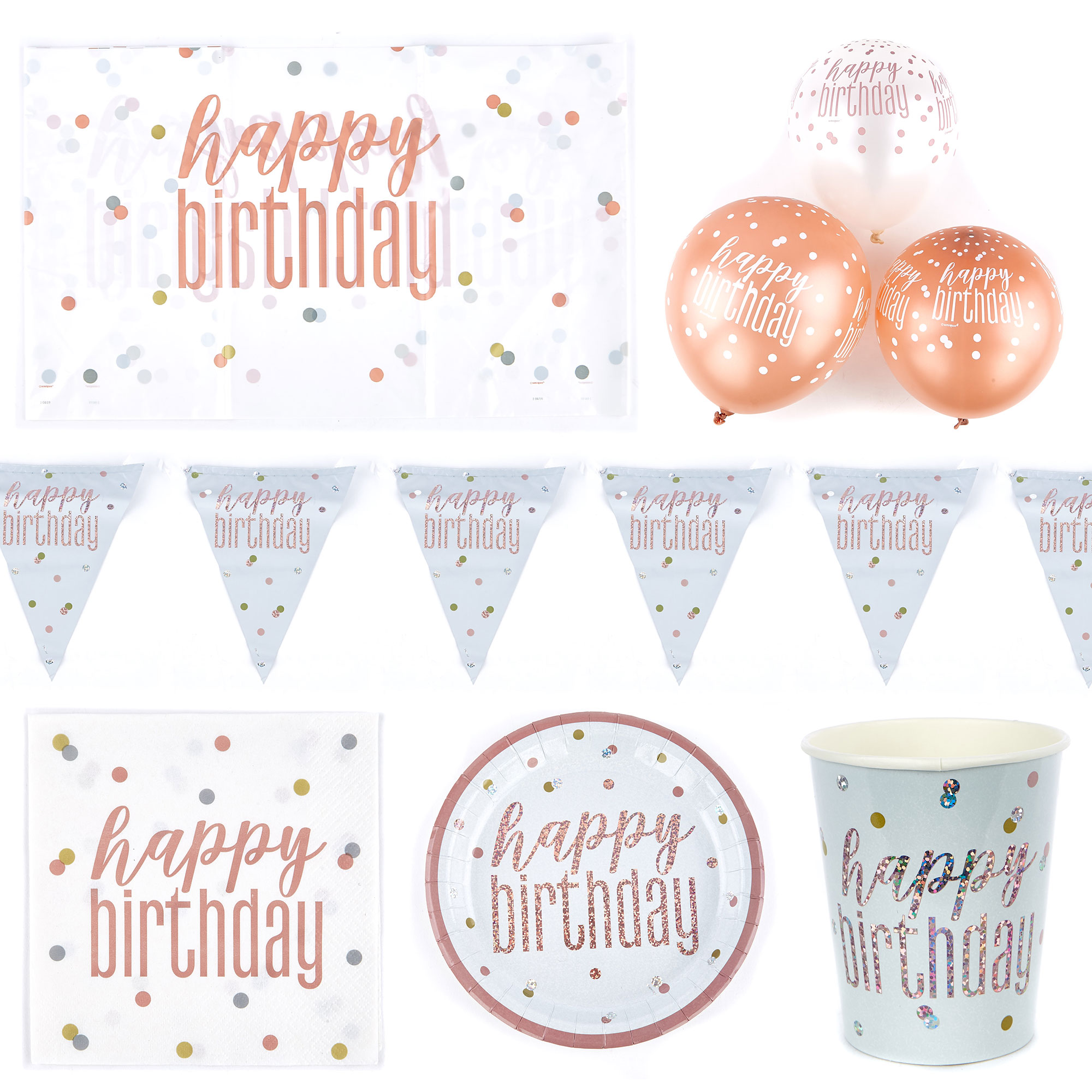 Rose Gold Birthday Tableware & Decoration Bundle - 16 Guests