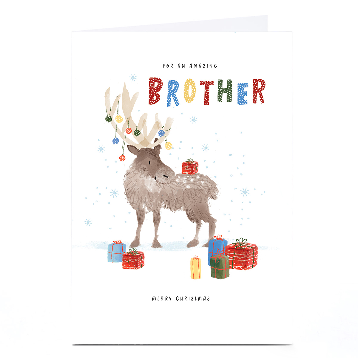 Christmas Card - Reindeer Bauble Antlers and Presents, Brother