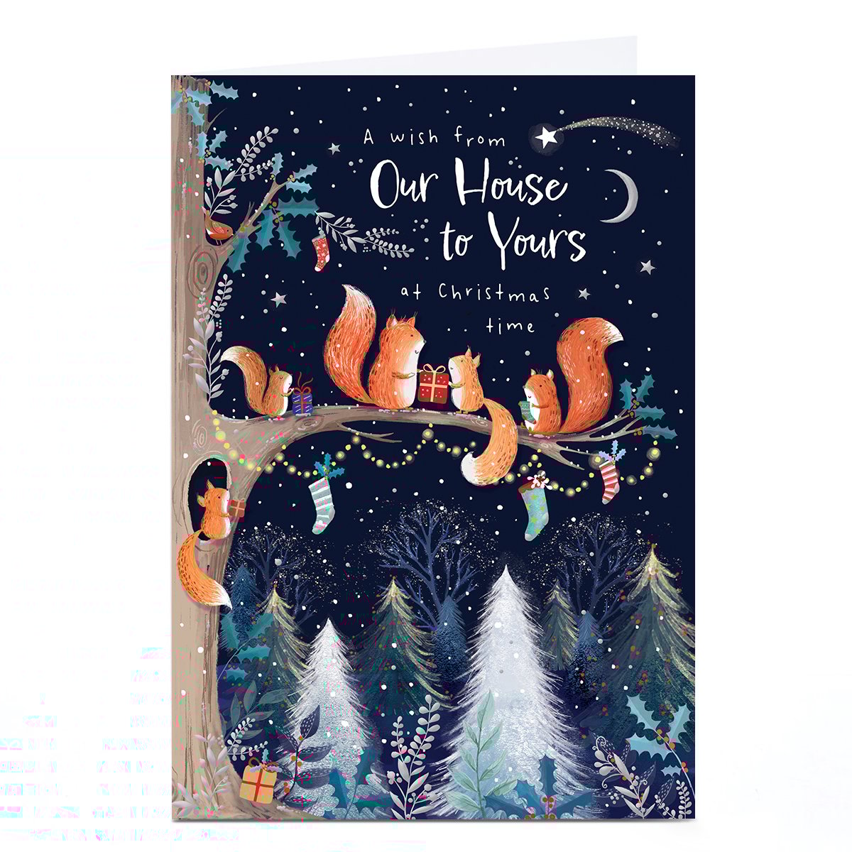 Personalised Christmas Card - Family of Squirrels Tree with Presents, From Our House to Yours