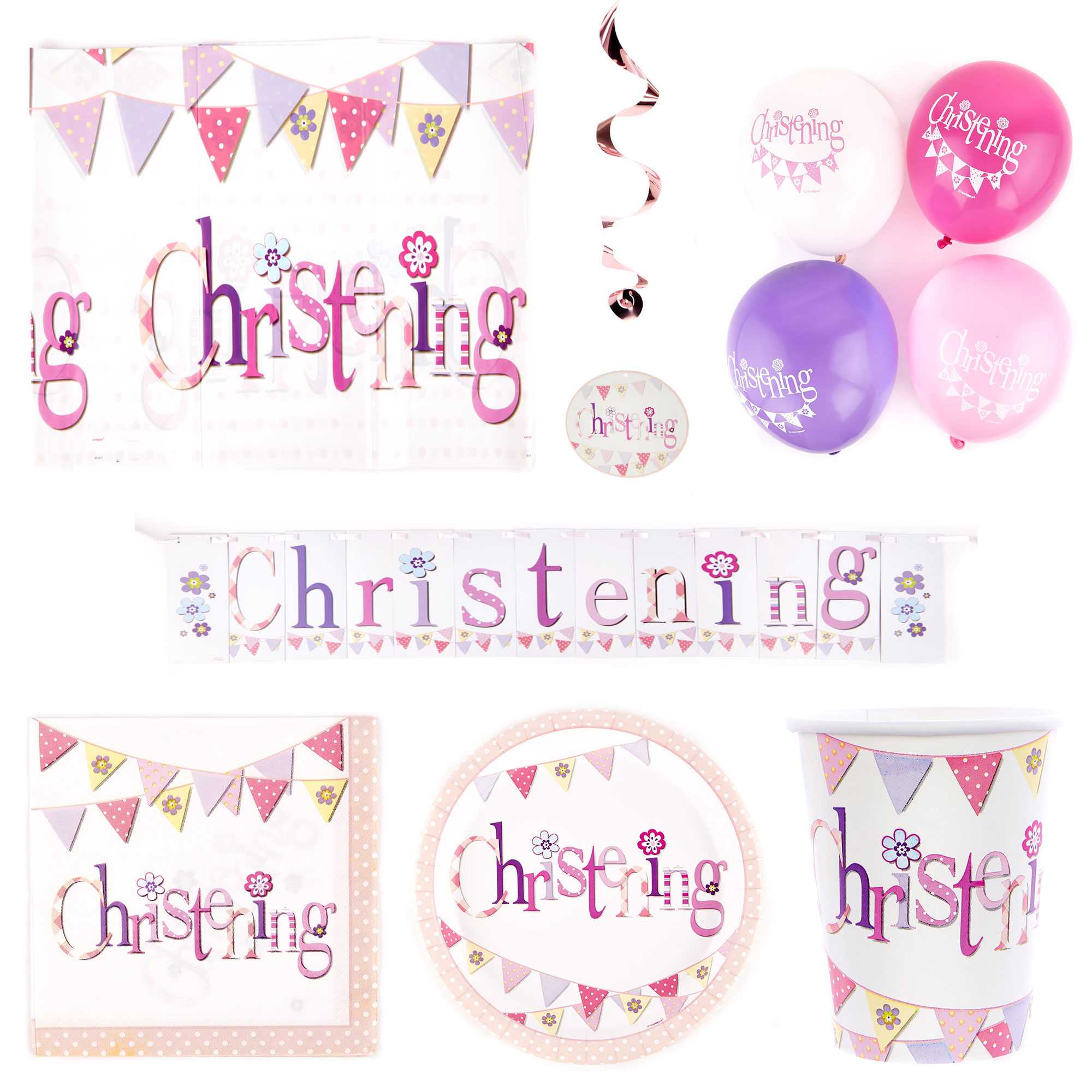 Pink Christening Party Tableware & Decoration Bundle - 16 Guests