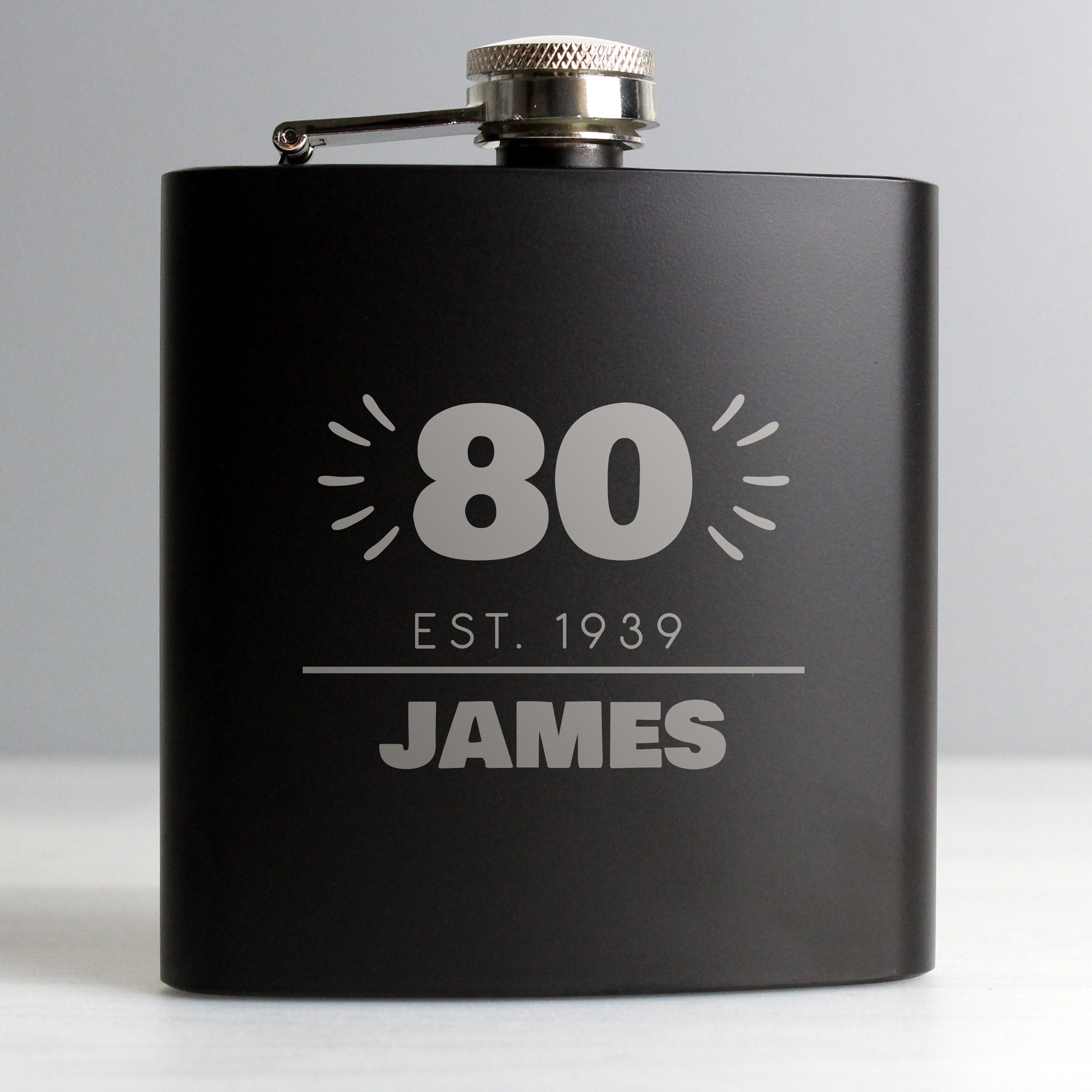 Personalised 80th Birthday Hip Flask - Black & Silver 