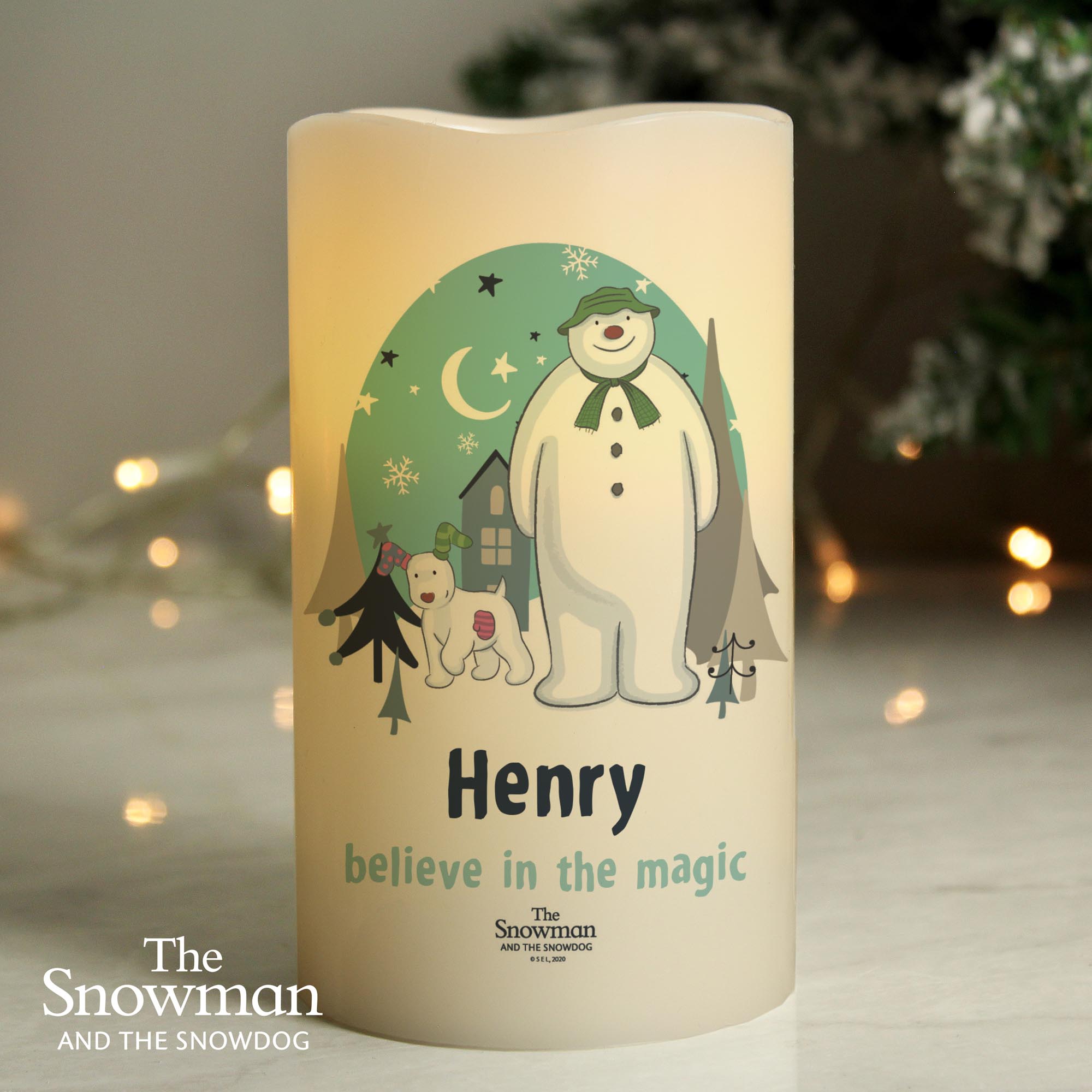 Personalised The Snowman & the Snowdog LED Candle