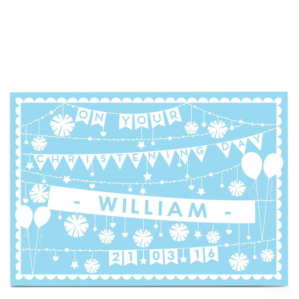 Personalised Christening Card - Blue Bunting