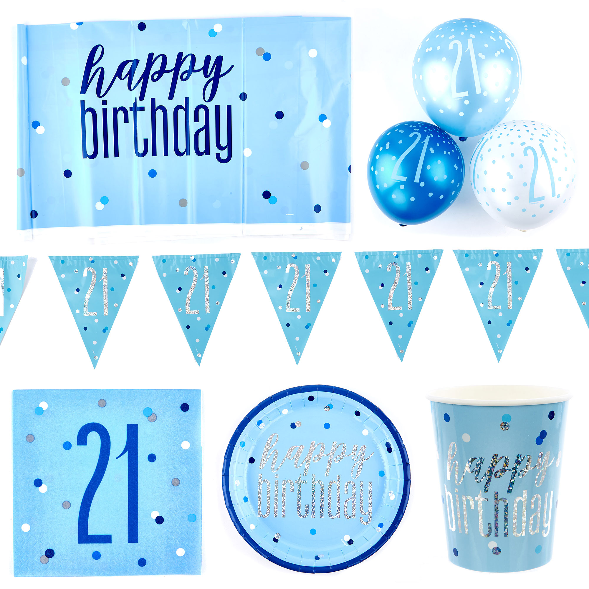 Blue 21st Birthday Party Tableware & Decorations Bundle - 16 Guests