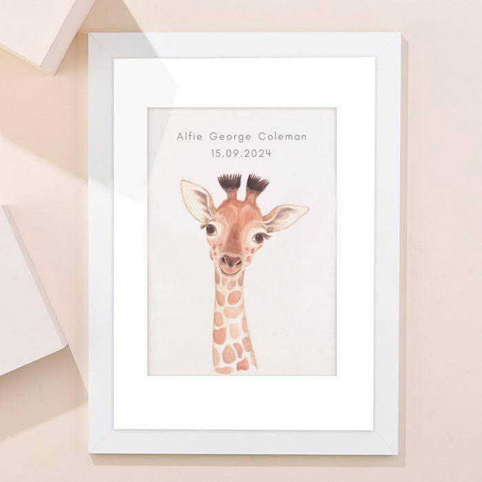 Personalised New Born Giraffe Framed Print