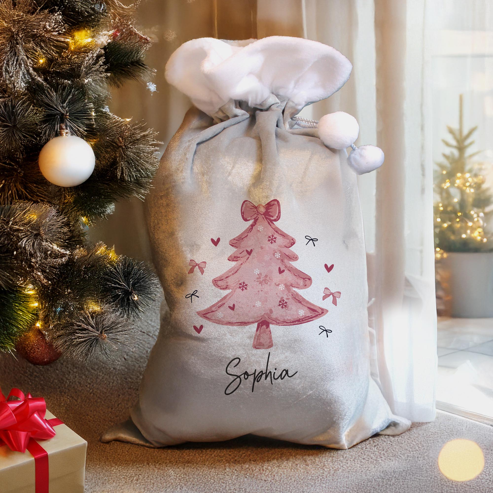 Personalised Pink Bows Christmas Tree Sack,  Personalised Pink Bows Christmas Tree Sack