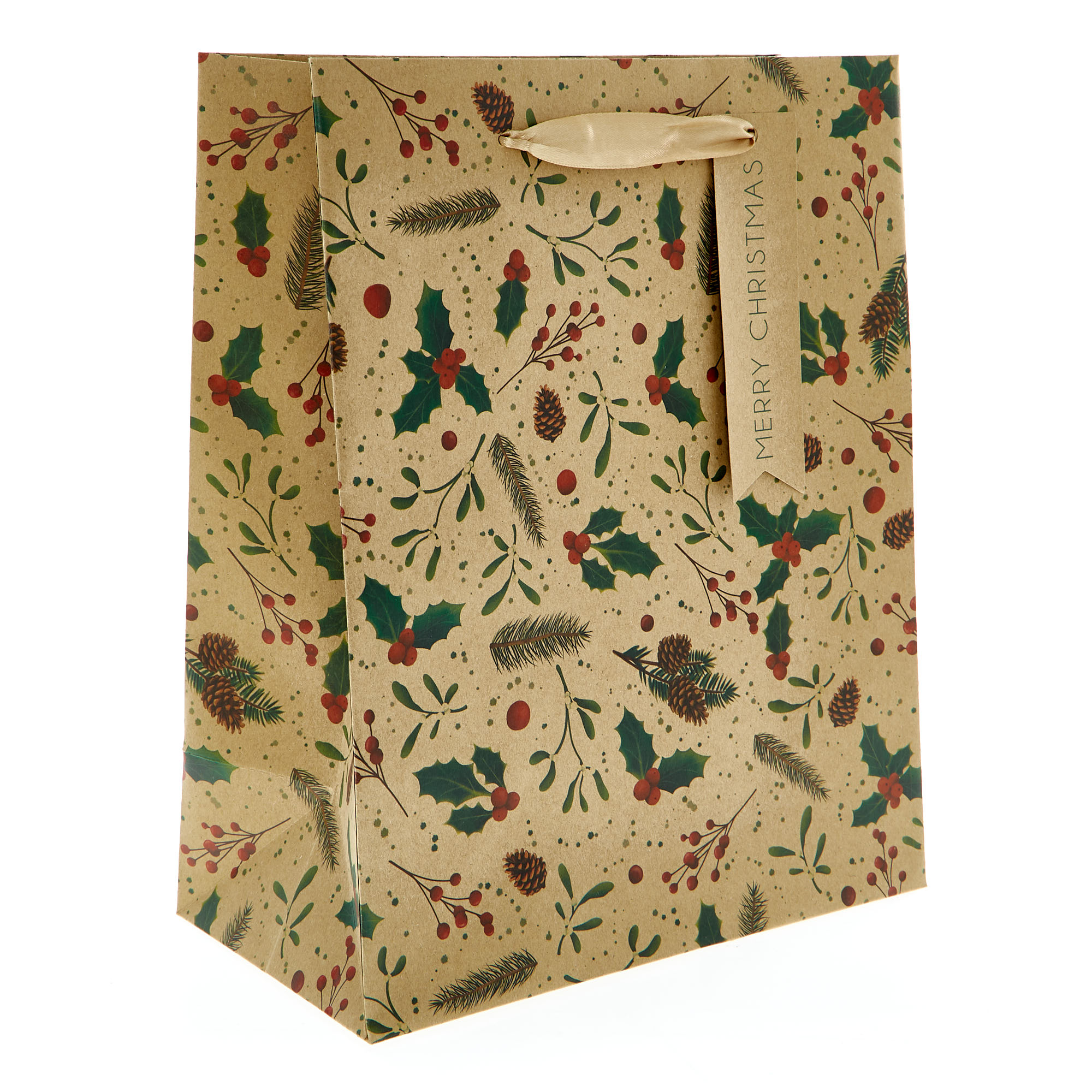 Large Recyclable Portrait Kraft Holly Christmas Gift Bag