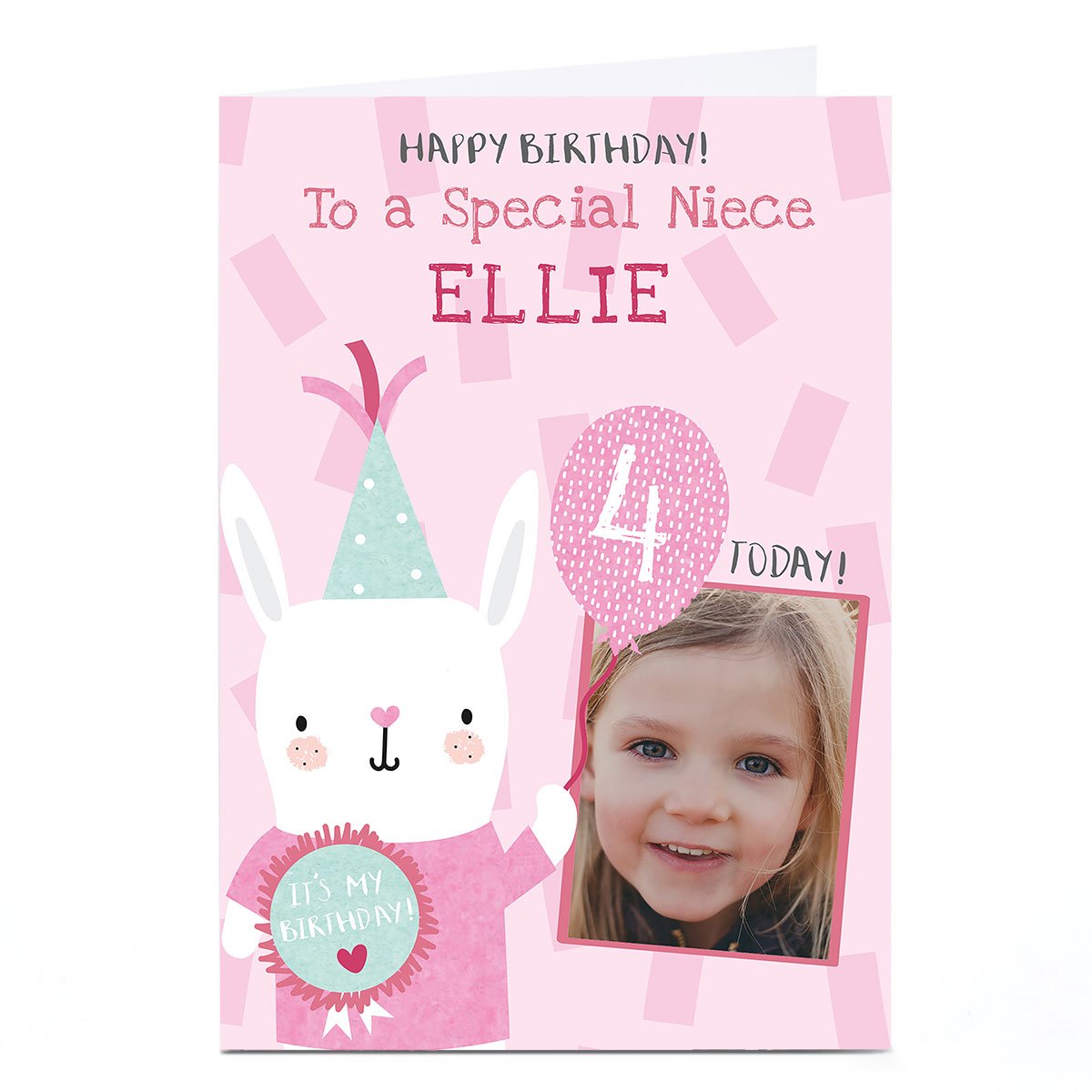 Photo Juniper & Rose Birthday Card - White Rabbit, Editable Age