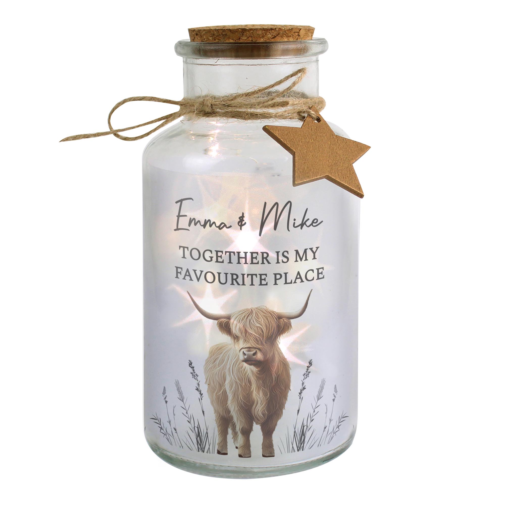 Personalised Highland Cow LED Light Up Jar,  Personalised Highland Cow LED Light Up Jar
