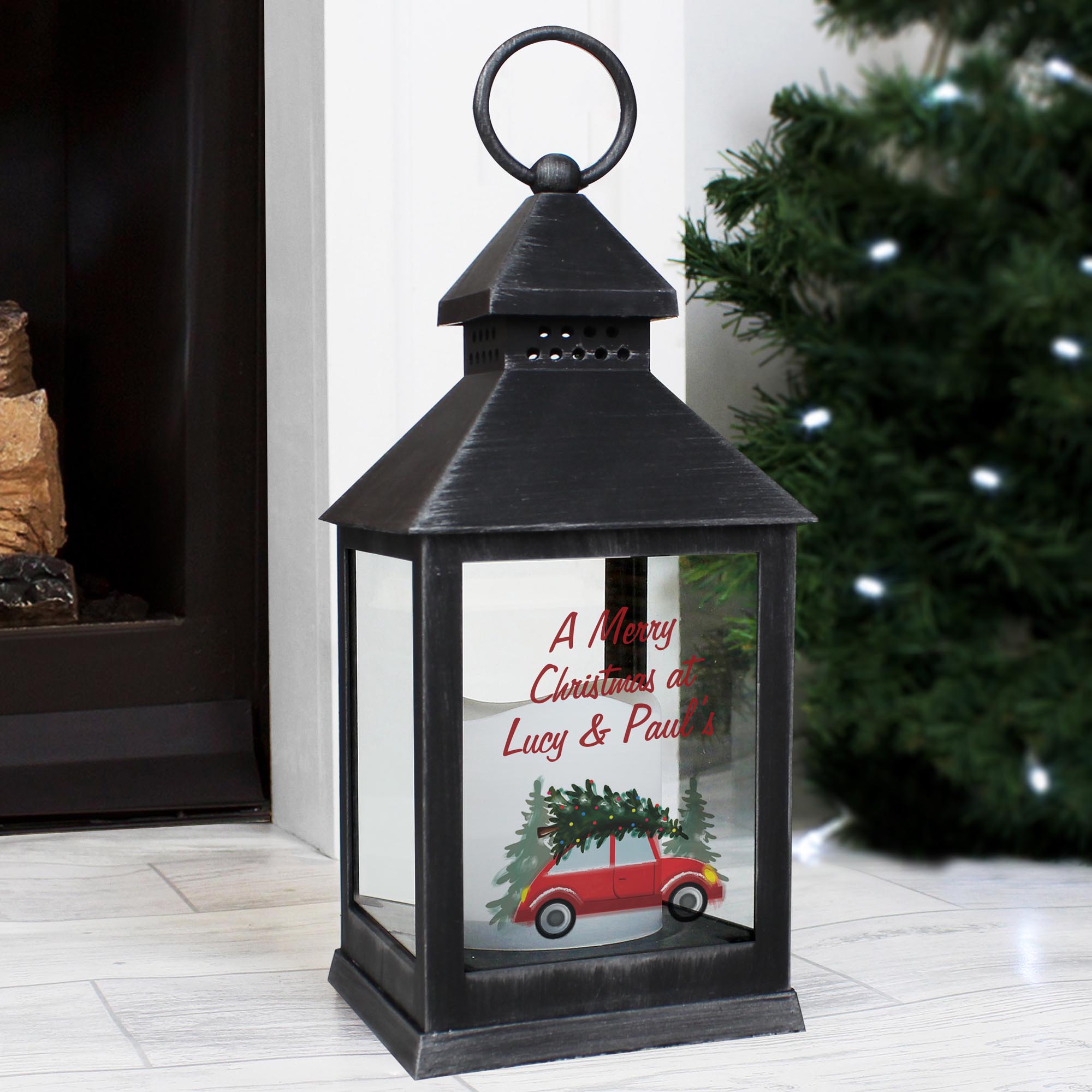 Personalised 'Driving Home For Christmas' Rustic Black Lantern,  Personalised 'Driving Home For Christmas' Rustic Black Lantern